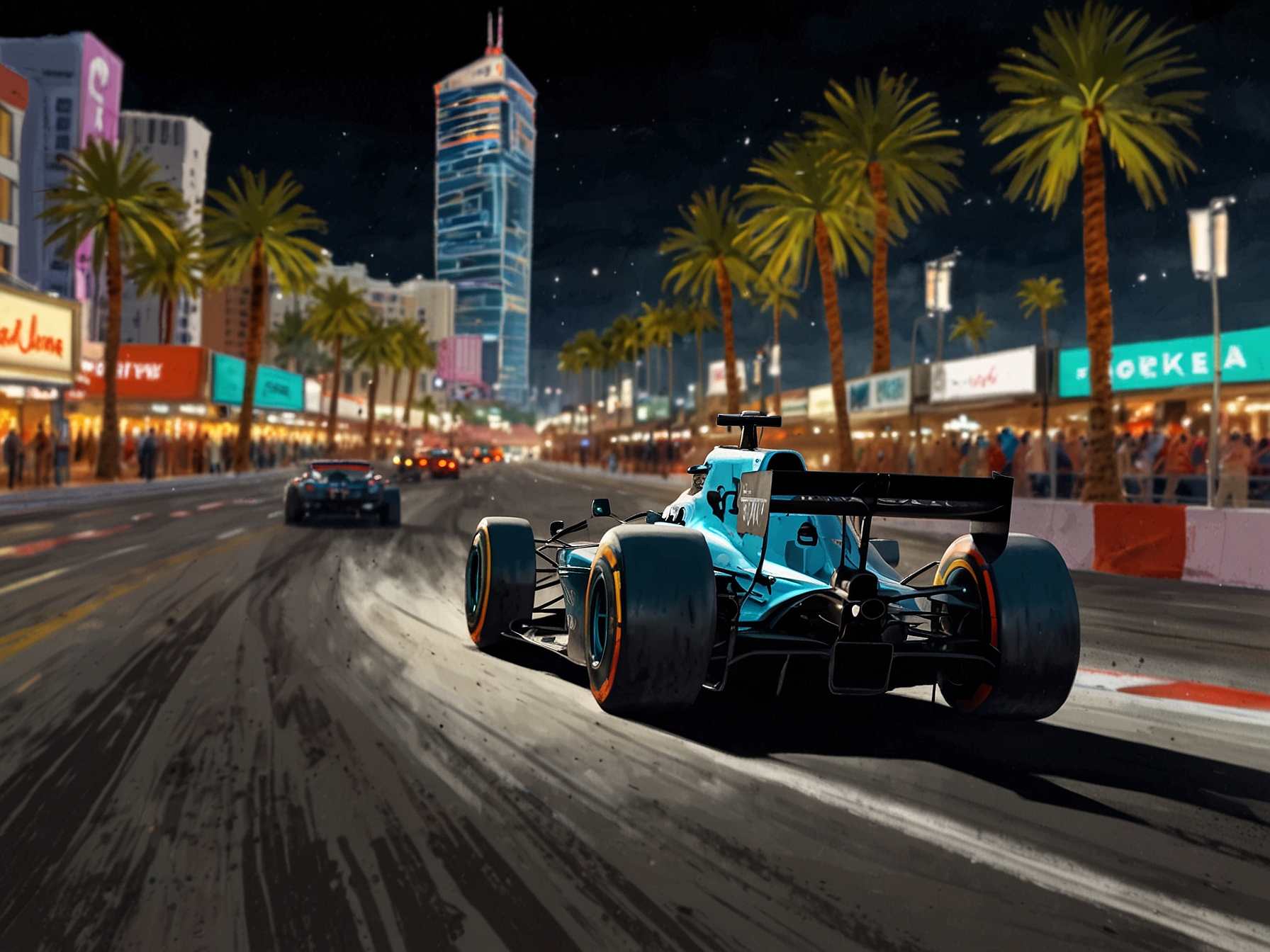 An intense moment of George Russell celebrating his pole position, surrounded by the cheering Mercedes team with Las Vegas lights in the background.