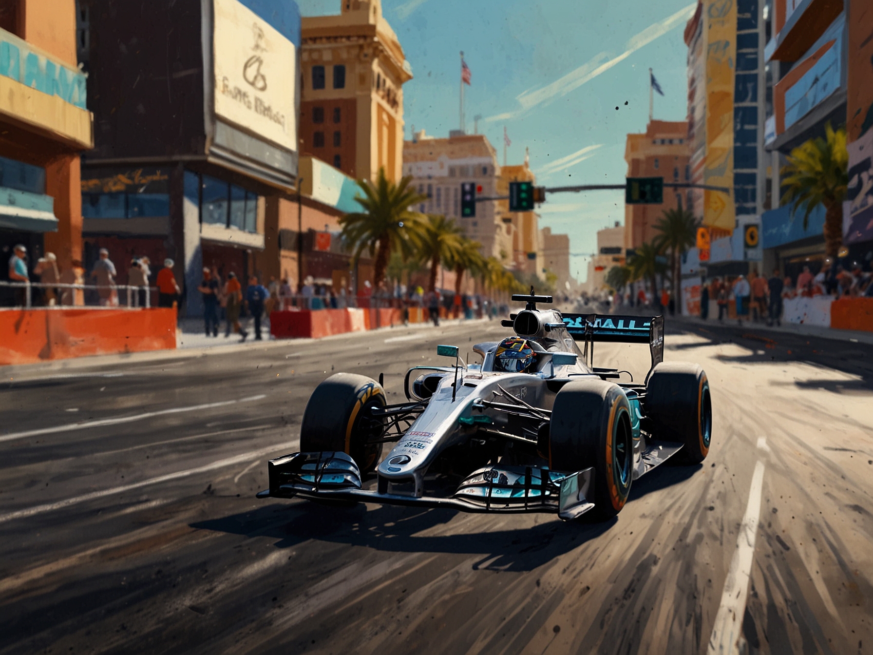The Las Vegas street circuit at dusk, showcasing colorful lights and the buzzing atmosphere of the Formula 1 qualifying event.