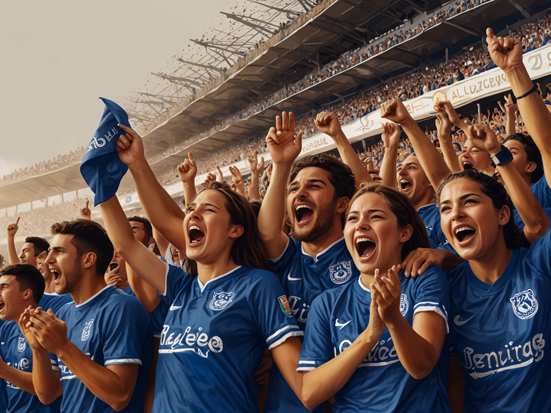 An intense football match at La Nueva Olla stadium, showcasing Cruzeiro fans passionately cheering in their blue jerseys, encapsulating the spirit of hope and anticipation for victory.