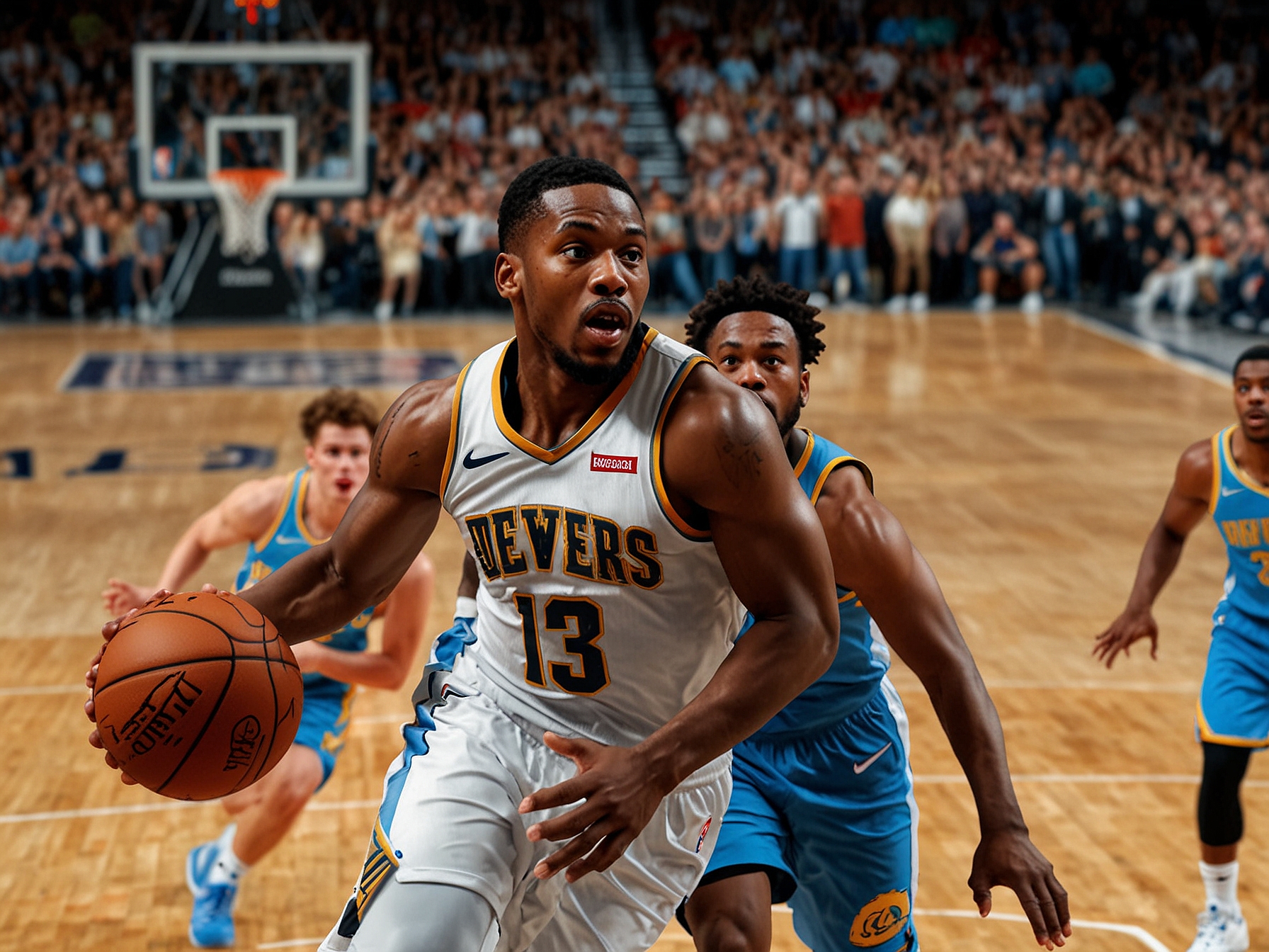 A dynamic moment from the game showing Naji Marshall driving to the basket against Denver Nuggets defenders, showcasing his determination and skill during the thrilling matchup.
