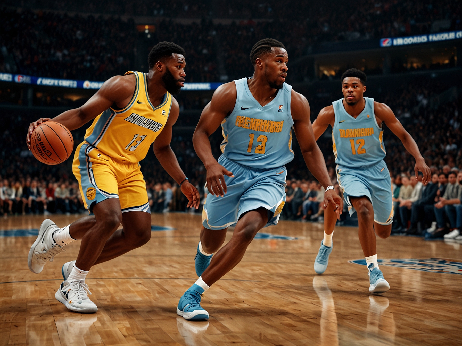Nikola Jokic of the Nuggets in action, displaying his impressive skills as he goes for a rebound amidst surrounding Mavericks players, emphasizing his impact on the game.