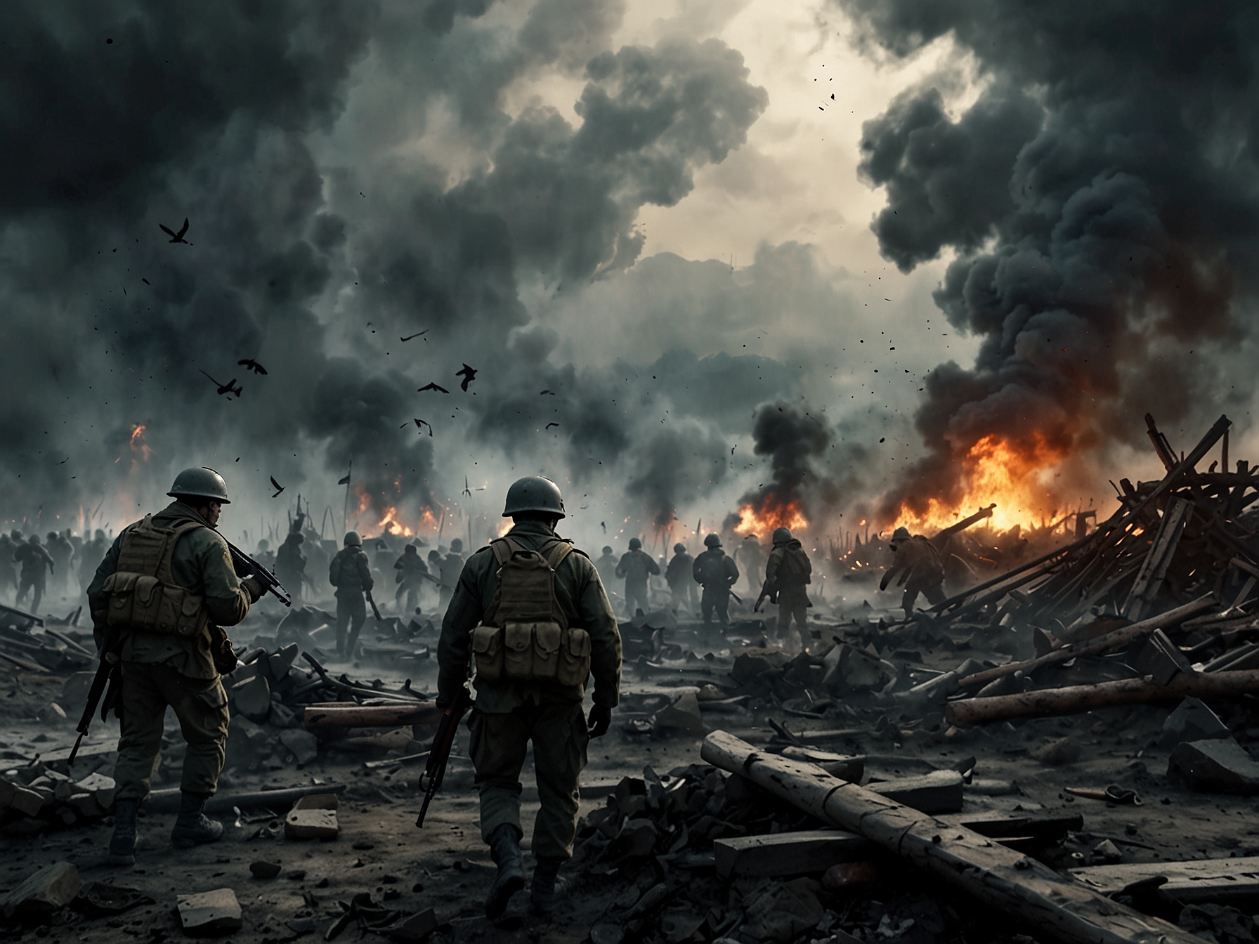 An intense battlefield scene displaying Ukrainian soldiers amidst destruction, with foreign military personnel symbolizing global intervention in the conflict. Smoke rises, highlighting the chaos and urgency of the situation.