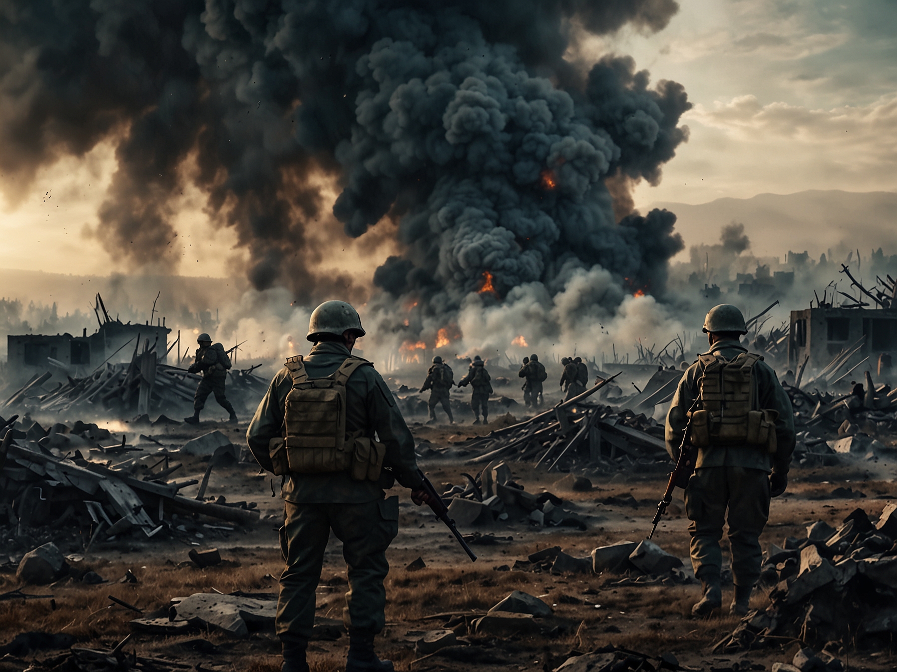 An artistic depiction of a world map overlaid with military symbols like tanks and drones, suggesting the interconnectedness of nations in the escalating conflict.