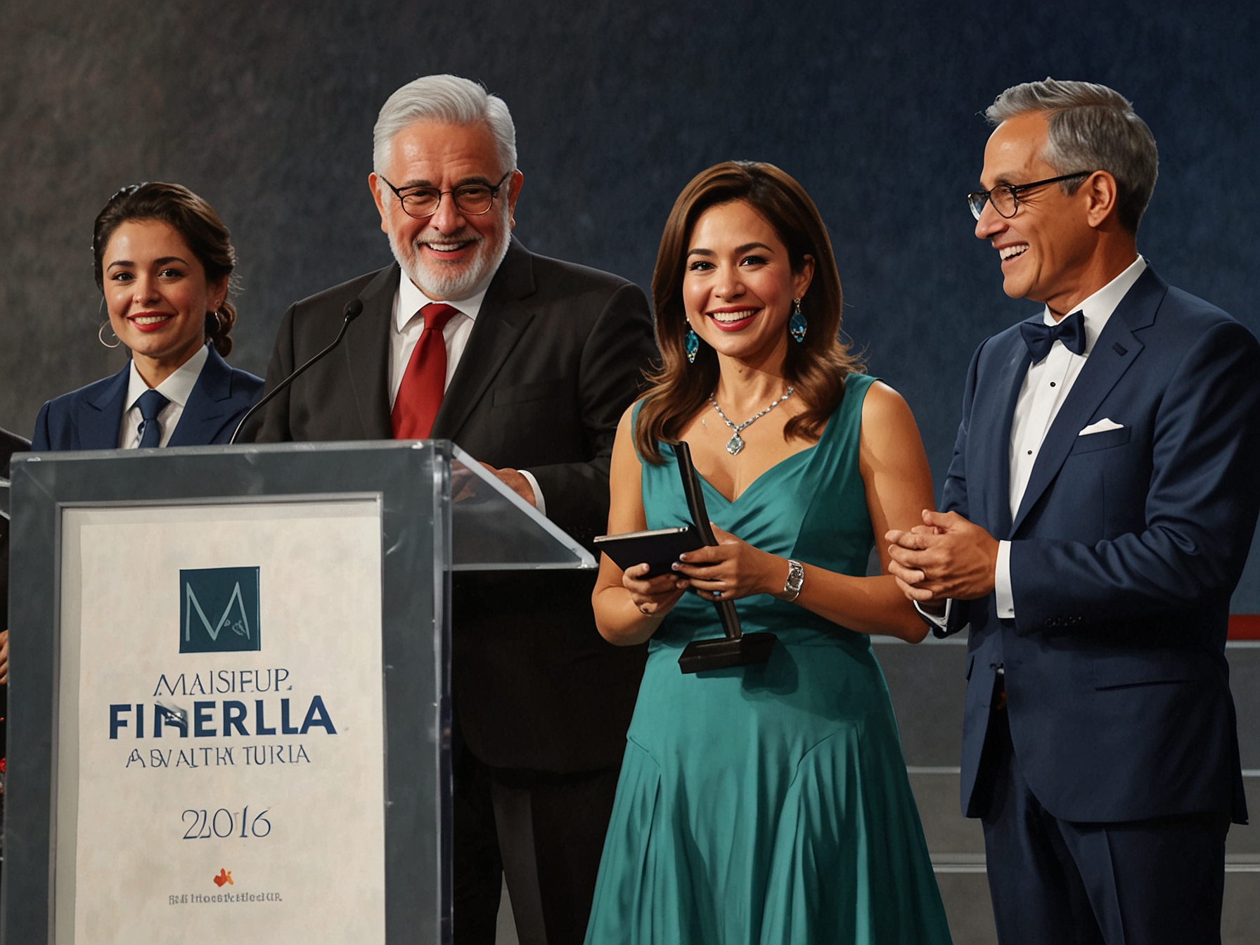 A heartfelt moment at the Martín Fierro Latino Awards, showcasing Claudio Iturra's family accepting the posthumous award with tears and smiles, celebrating his cultural impact on journalism and television.