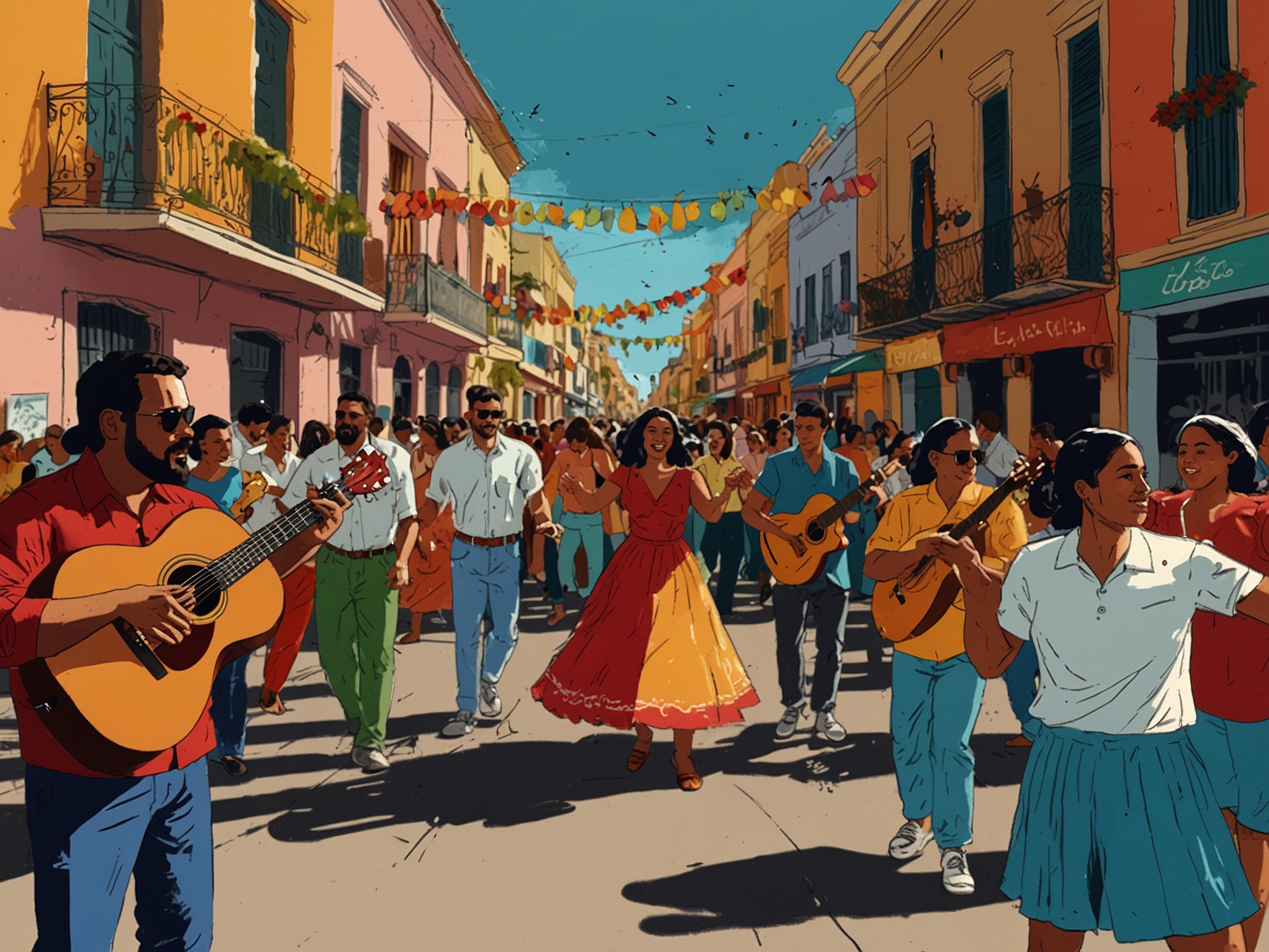 A vibrant street festival filled with musicians performing, people dancing, and colorful decorations celebrating Día de la Música in honor of Santa Cecilia.