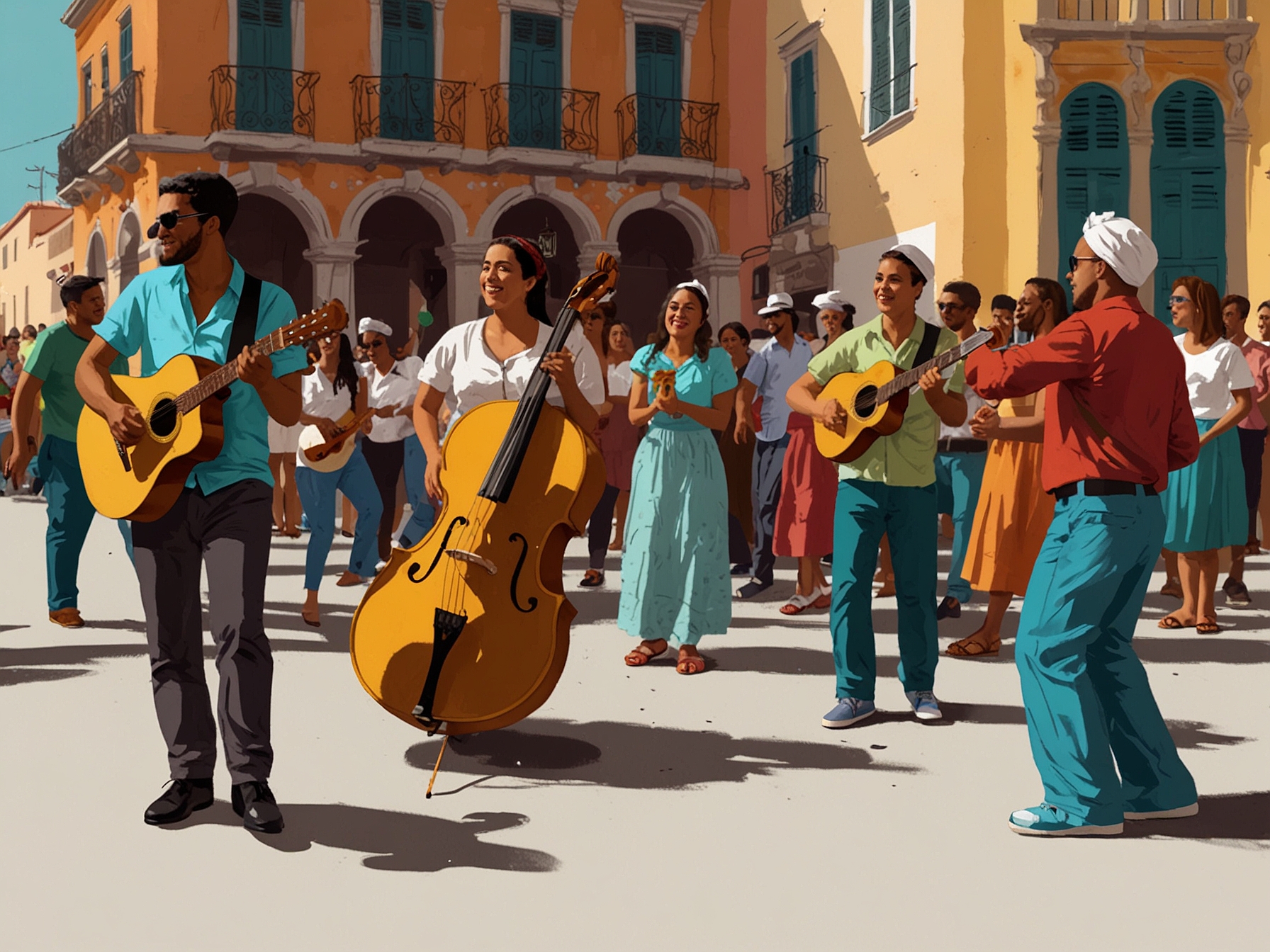 A group of diverse musicians joyfully playing various instruments in a park, highlighting the spirit of unity and expression during the Día de la Música festivities.