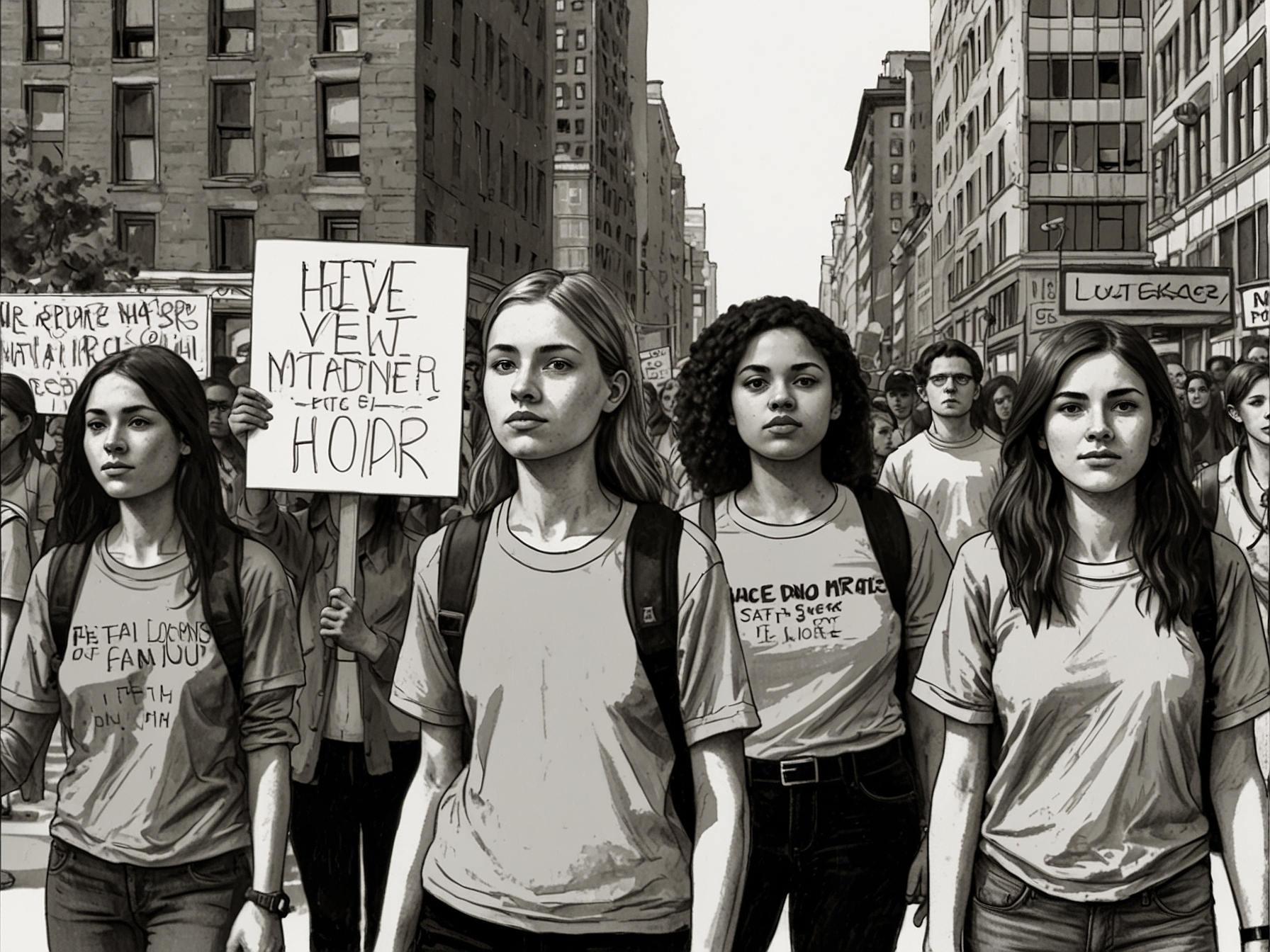 A group of young activists holding signs at a protest, reflecting past activism with a stark contrast to today's consumer culture, highlighting the urgency of global issues.