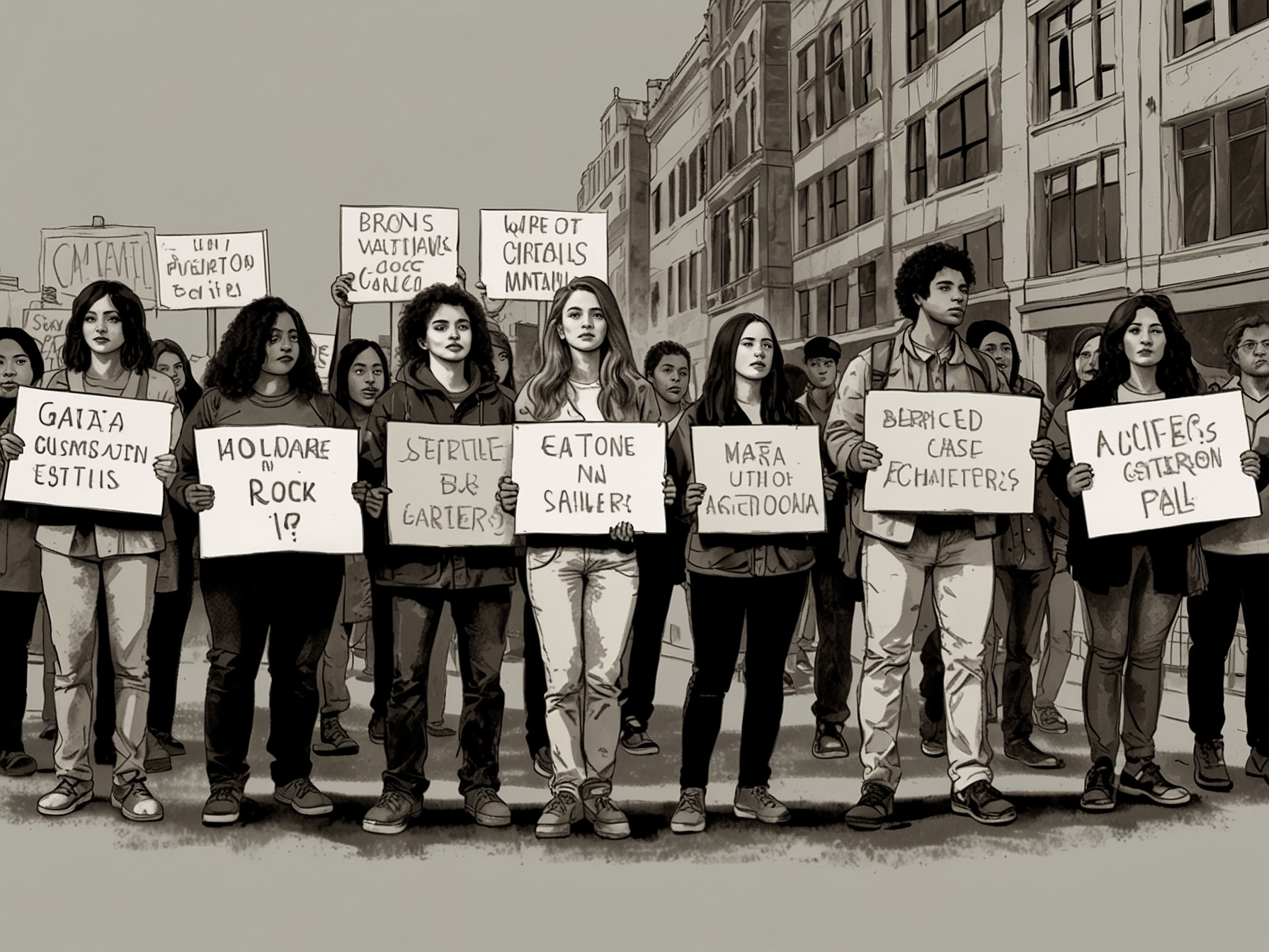 A juxtaposition image showing an abandoned protest sign against a backdrop of modern shopping malls, symbolizing the shift from activism to consumerism in youth culture.