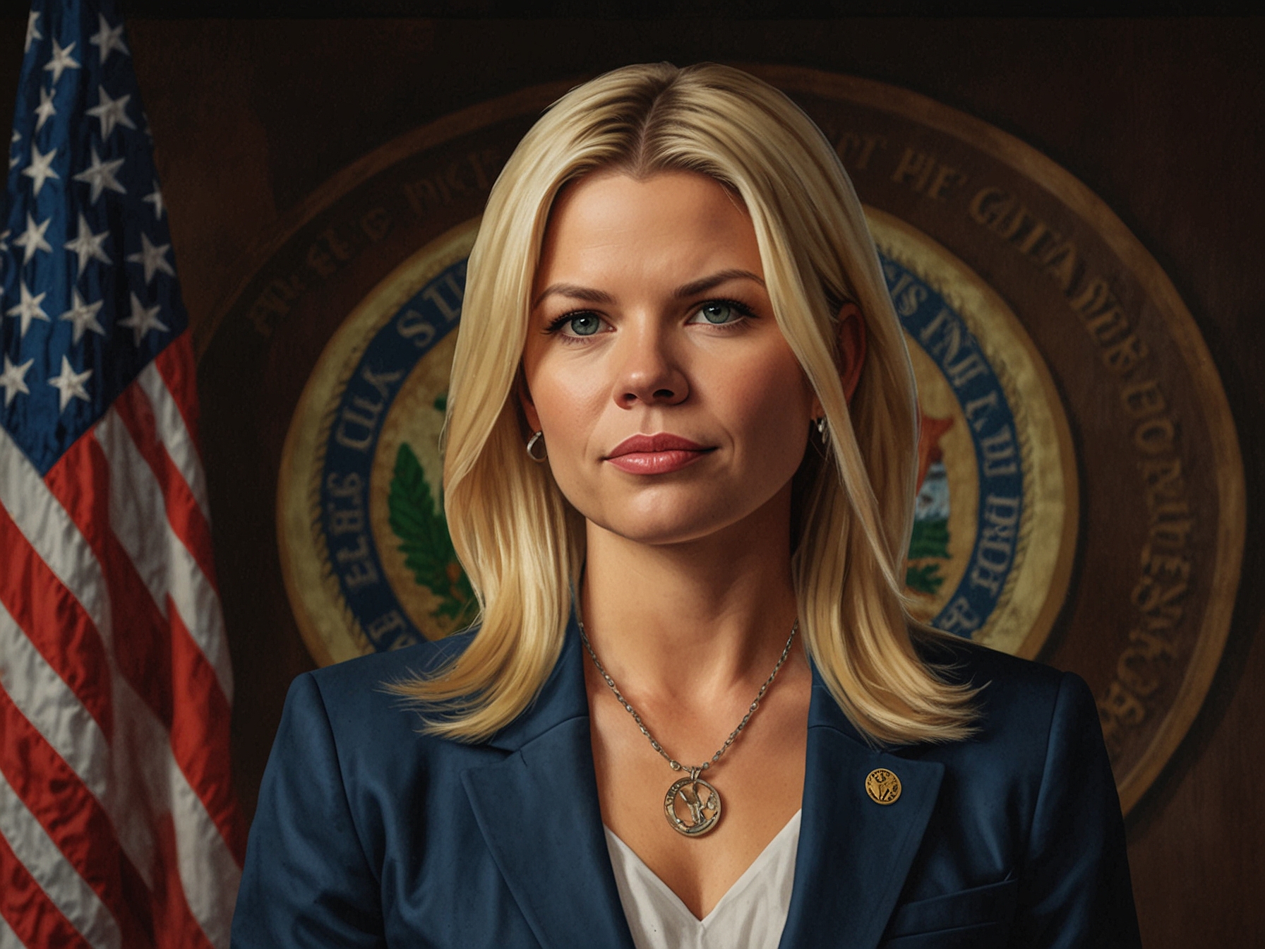 A courtroom scene depicting high-profile legal cases with lawyers and the judge, illustrating the pressure and challenges Bondi faced while representing Florida in complex legal battles.