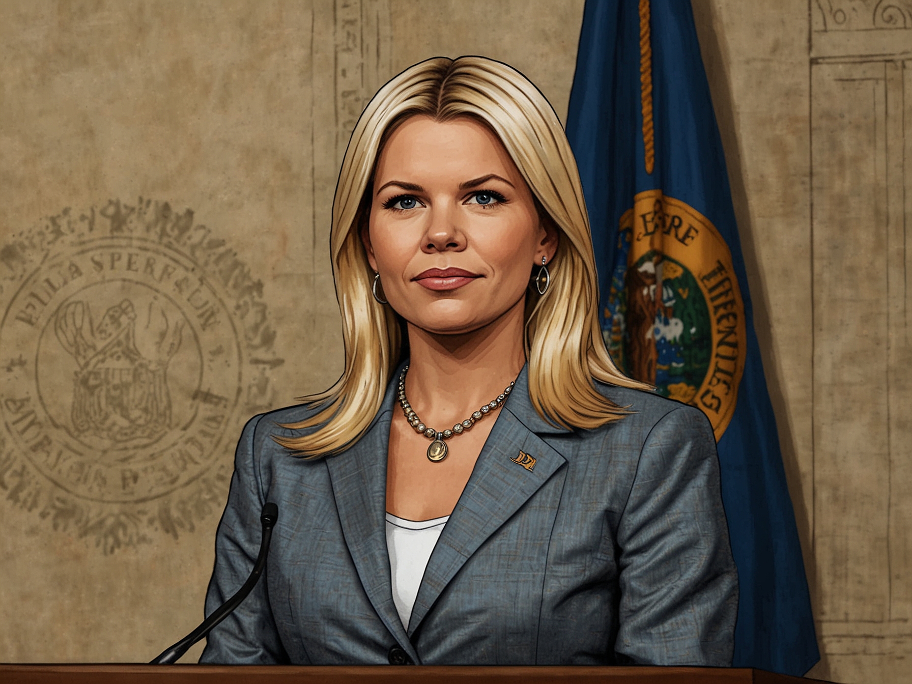A graphic representation of the U.S. Capitol building during the Trump impeachment trial, highlighting the political tension and scrutiny surrounding Bondi's role in defending the president.