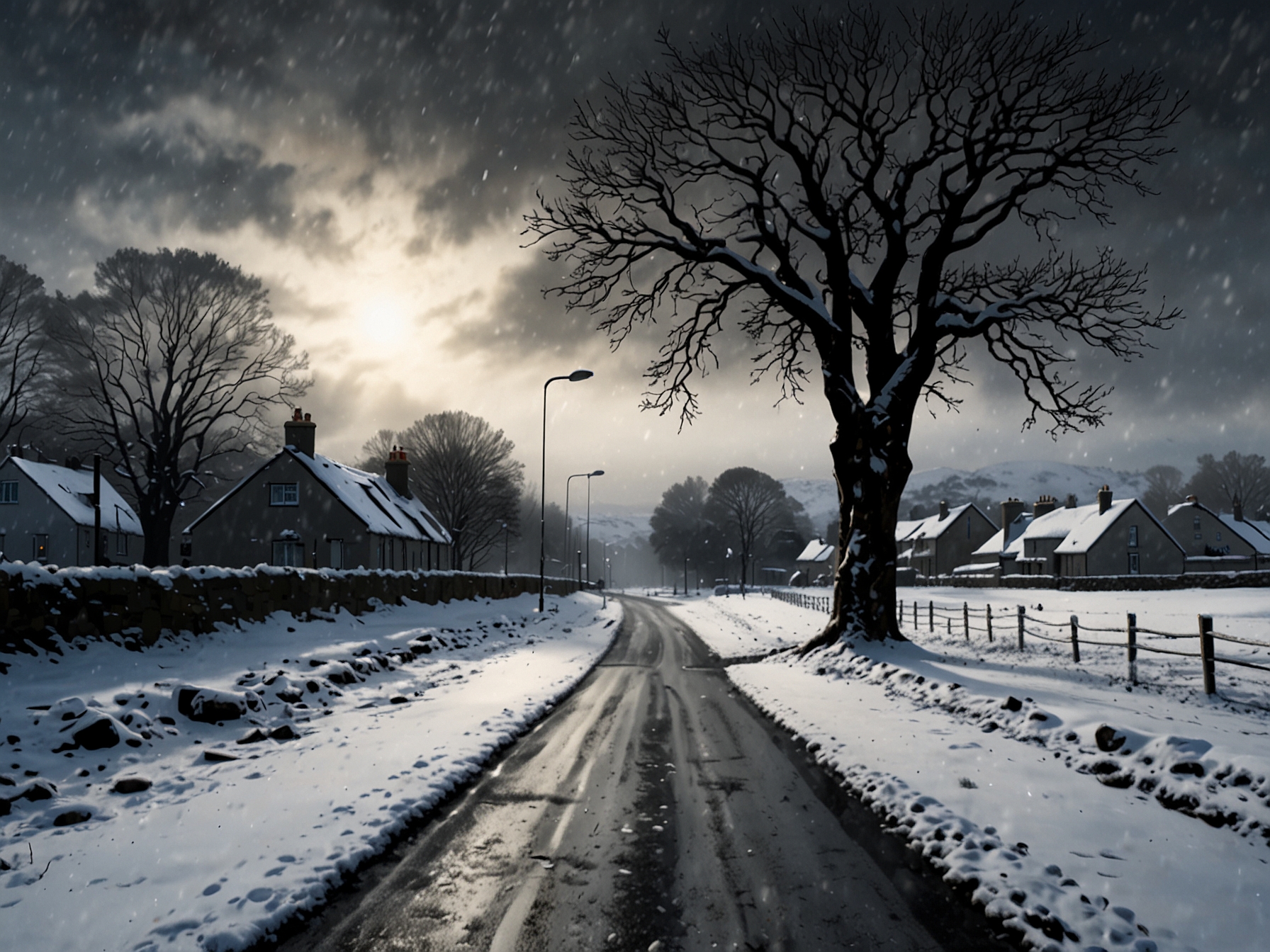 A snowy landscape showcasing heavy snowfall blanketing a road in Scotland, with trees and houses covered in snow, reflecting the severe weather conditions forecasted for Storm Bert.