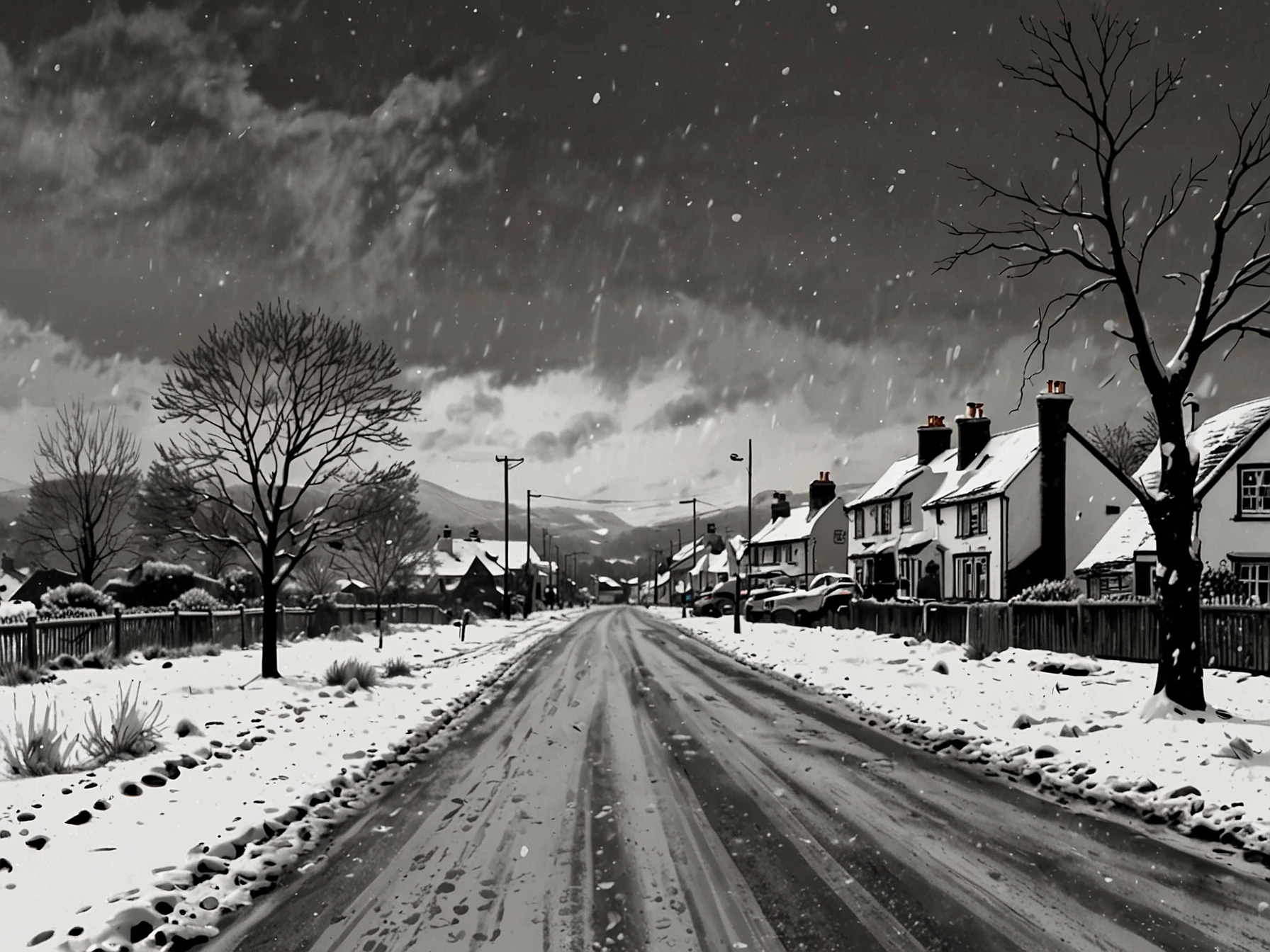 A close-up of snowflakes falling against a backdrop of a city street, illustrating the beauty and challenges of winter weather as residents prepare for Storm Bert's impact.