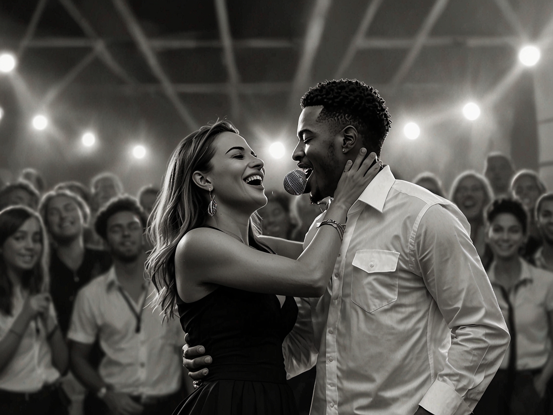 An emotional moment captured during a performance, showcasing Vitaa and Slimane singing together, embodying the connection between their personal and professional lives amidst a lively audience.