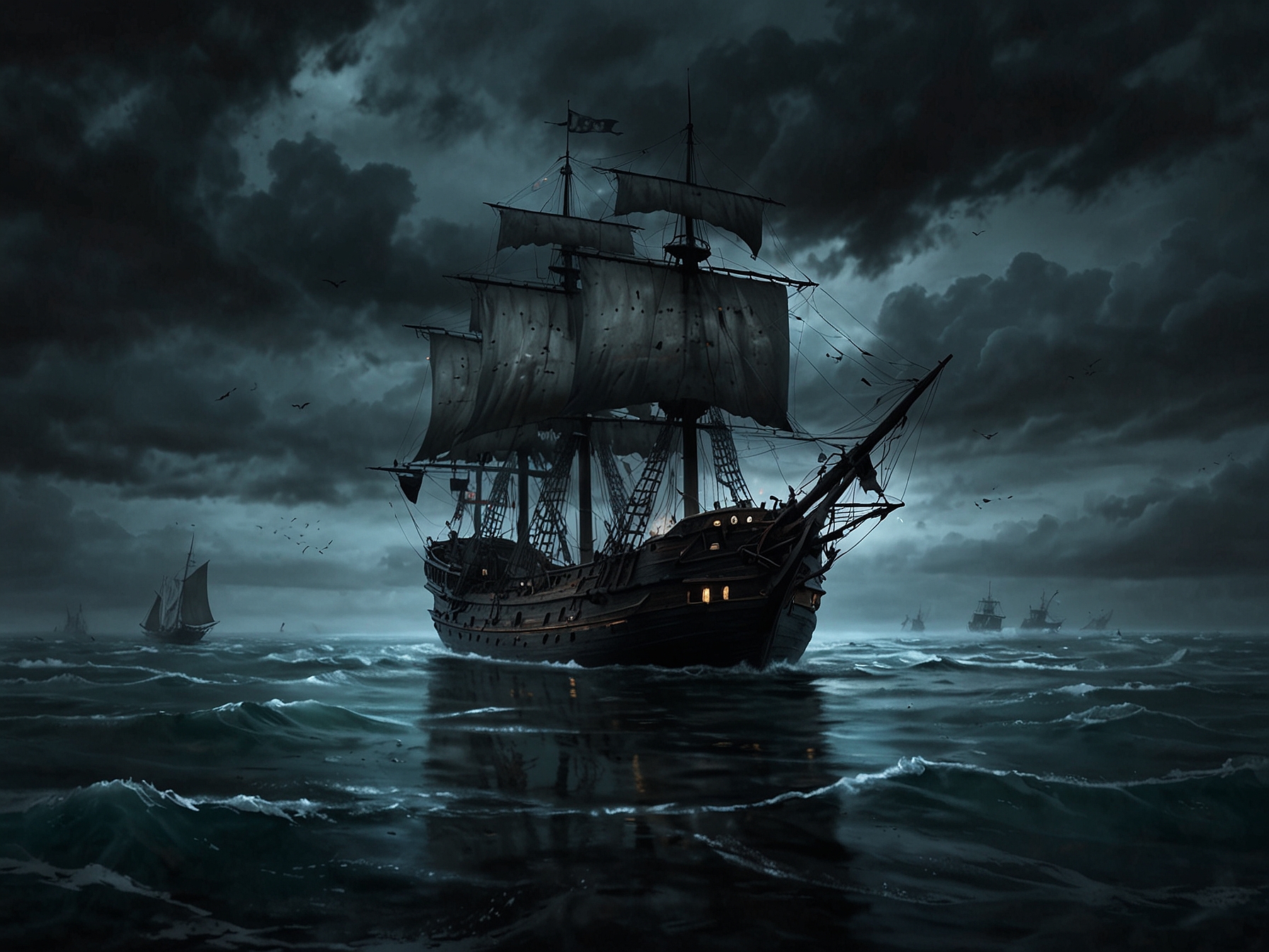 An eerie depiction of the Ghost Ship Octavius, with tattered sails against dark stormy seas, evoking feelings of mystery and dread as it waits in silence amidst the ice.