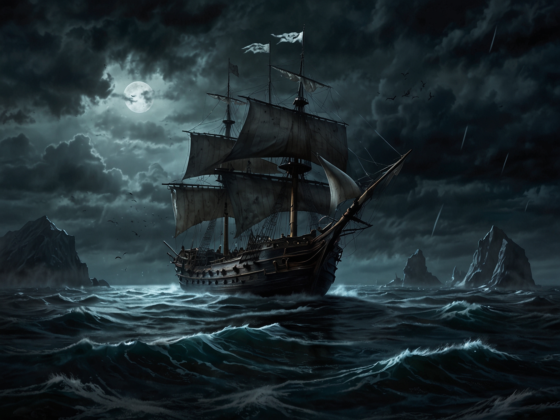 A ghostly image of the frozen crew of the Octavius, captured in a moment of horror, their expressions forever sealed in time, representing the tragic fate of the ship.