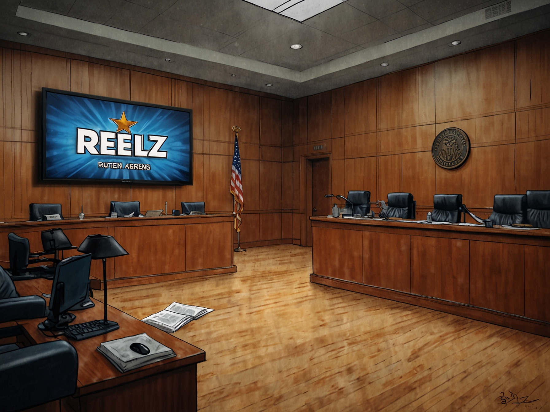 An image of two television logos, A&E and Reelz, positioned side by side with a courtroom background, symbolizing the recent legal settlement regarding police reality shows.