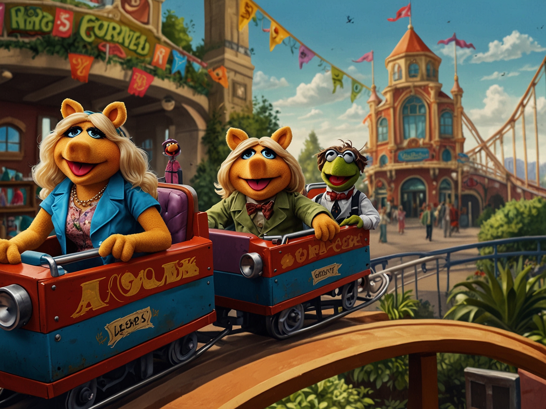 A vibrant and colorful depiction of the Muppets hijacking the iconic Rock'n'Roller Coaster with Kermit, Miss Piggy, and Gonzo riding the coaster, surrounded by musical notes and Muppet-themed decor.