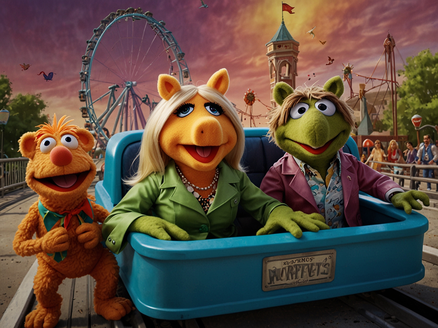 A nostalgic collage showing the Aerosmith-themed ride alongside images of Kermit, Miss Piggy, and other Muppet characters, signifying the transition from rock music to Muppet humor.