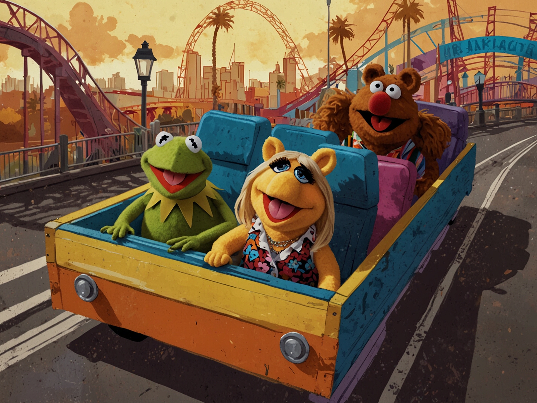 An illustration of excited park-goers enjoying the new Muppet roller coaster, with Muppet characters interacting with guests and themed merchandise stands in the background.