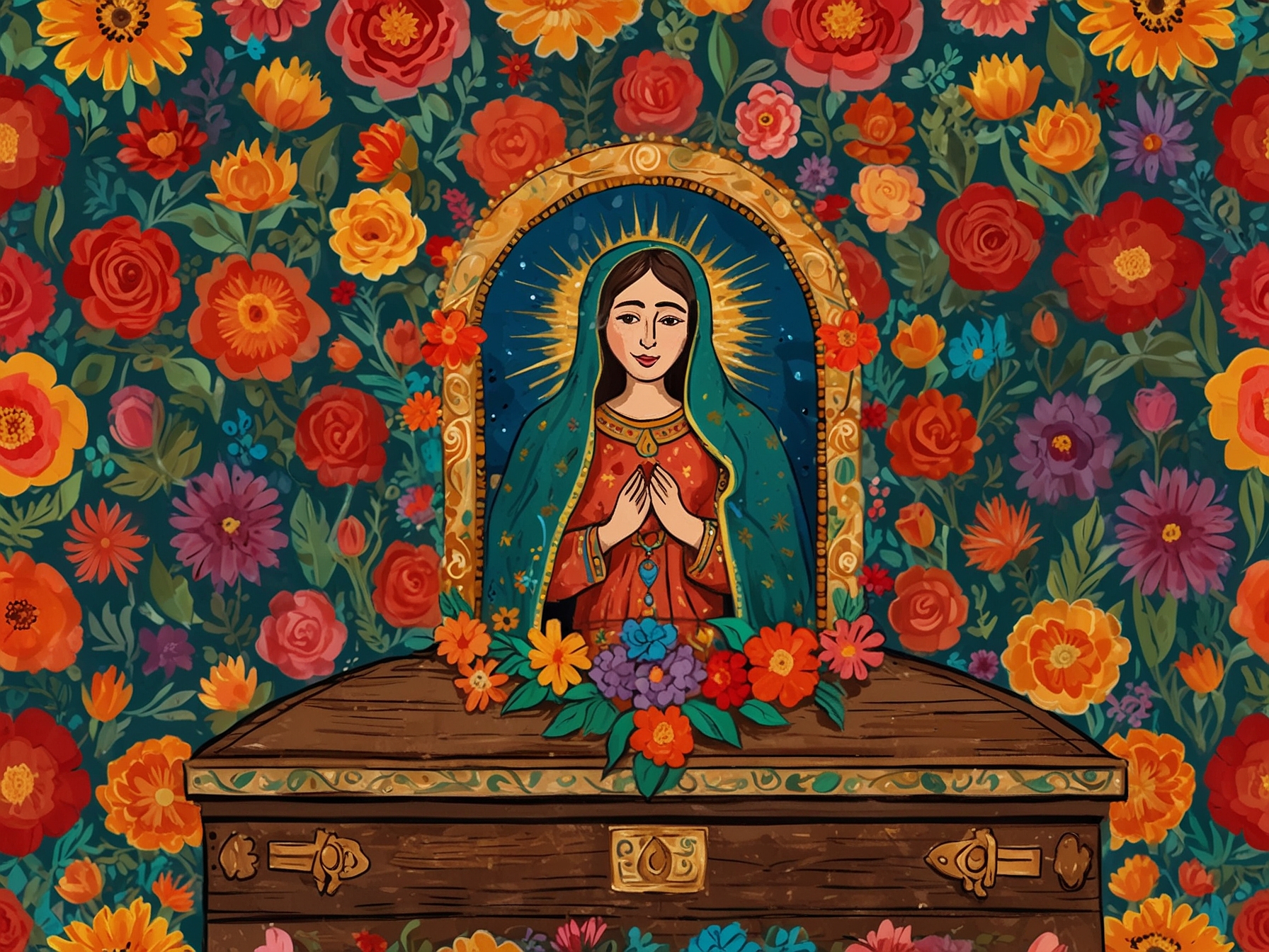 An illustration depicting Maria Antonieta de las Nieves, smiling, surrounded by vibrant flowers with her chosen casket featuring Virgin of Guadalupe figures, symbolizing her legacy and humor.