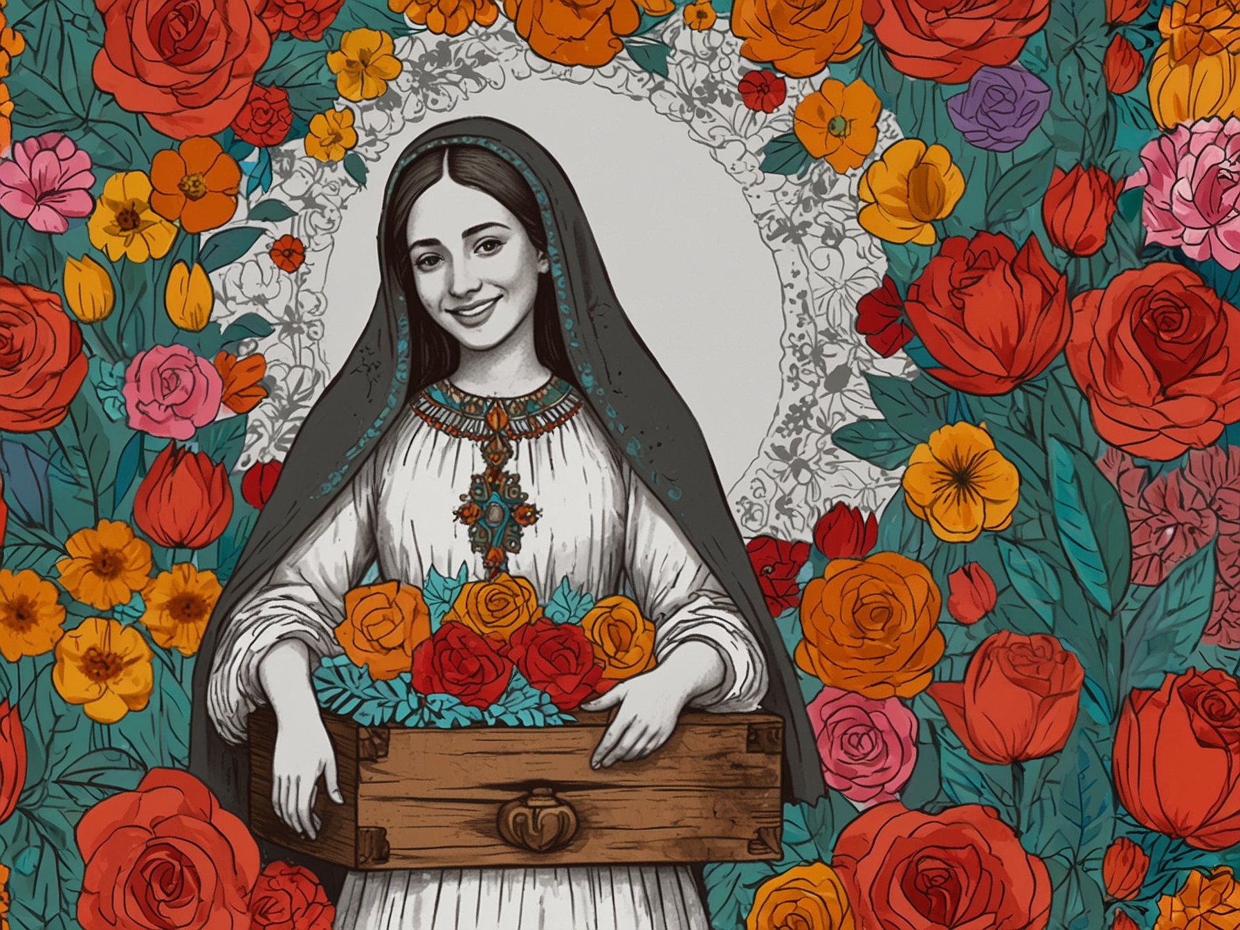 A whimsical cartoon of La Chilindrina playfully interacting with symbols of life and death, highlighting her humorous approach to discussing mortality in a colorful backdrop.