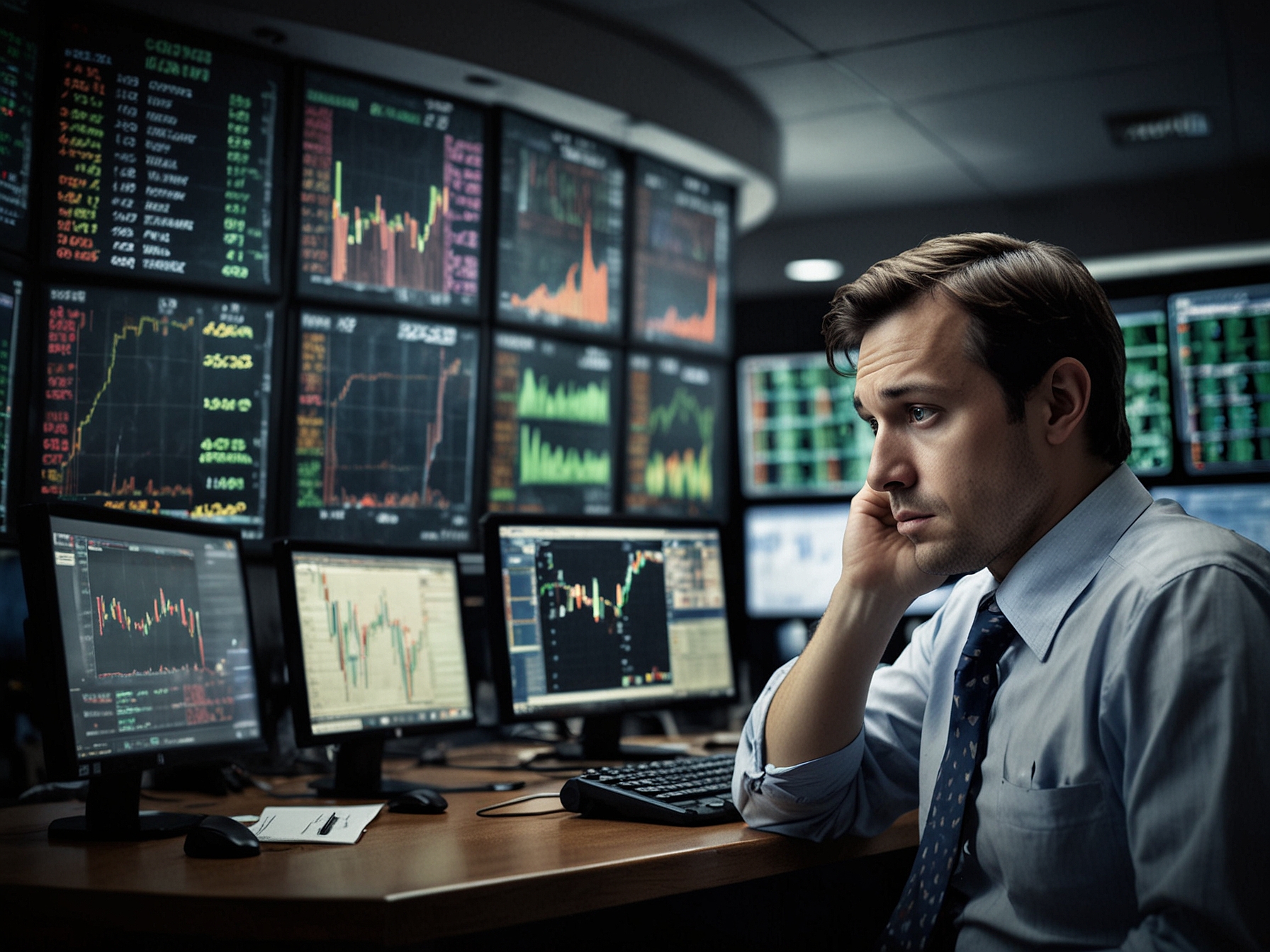 A visual representation of the stock market decline, showing a downward trend in a stock chart alongside images of worried investors reacting to market news. The background features an office environment with financial data on screens.