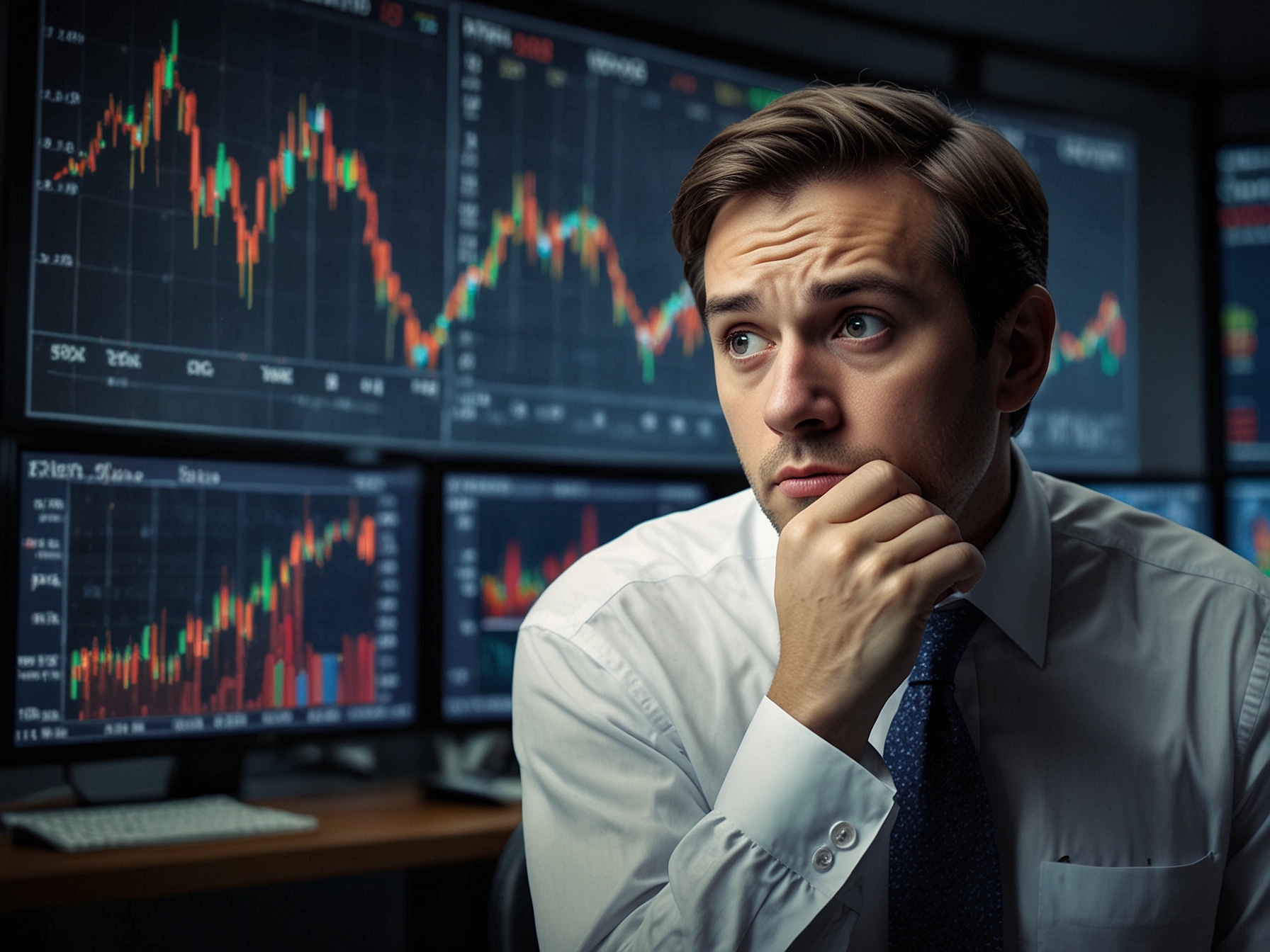 A close-up of a financial analyst examining stock reports with a concerned expression, surrounded by graphs indicating a significant drop in stock prices, showcasing the anxiety among investors.
