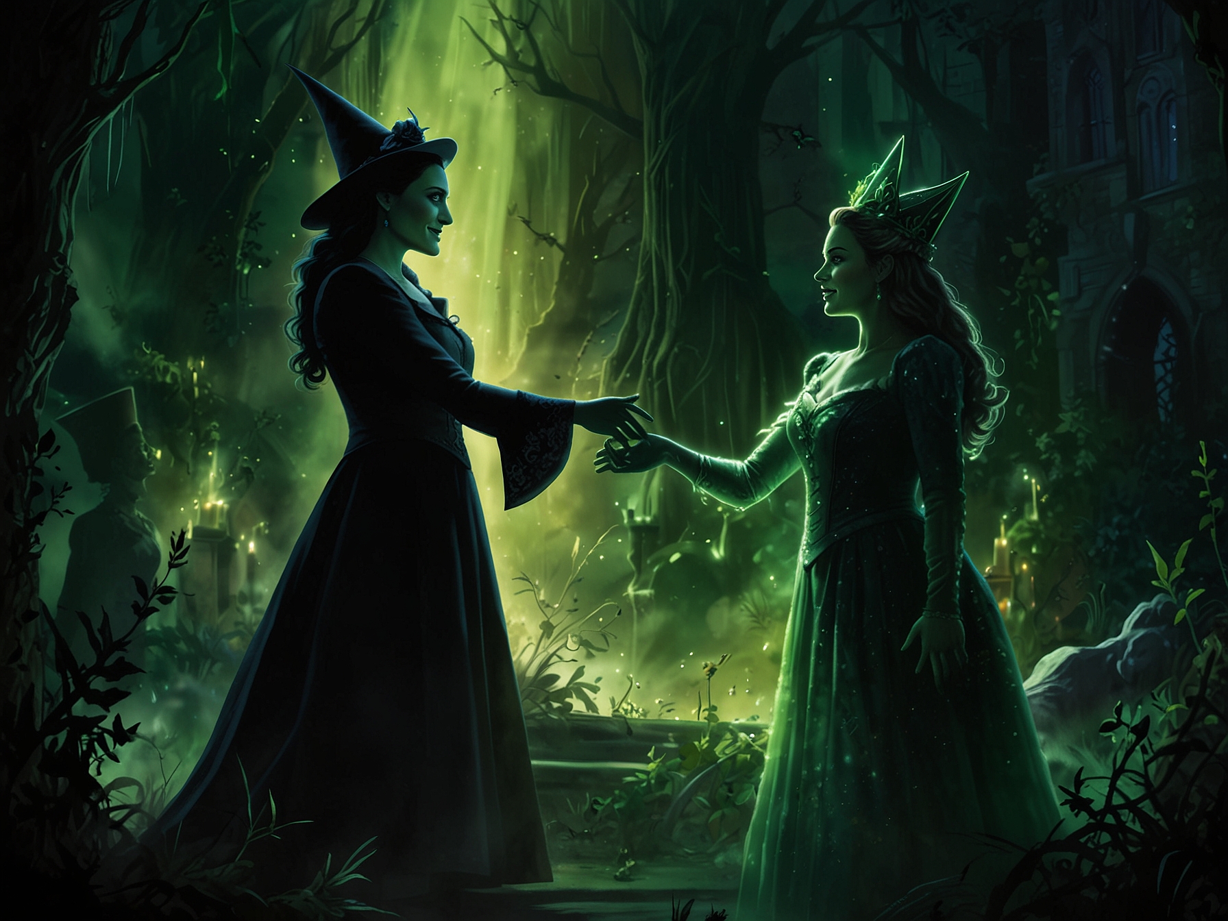 A vibrant scene from 'Wicked' featuring Elphaba and Glinda, showcasing their friendship against a backdrop of an enchanted Oz. The characters convey emotion through their expressive poses and costumes, illustrating the film's musical essence.