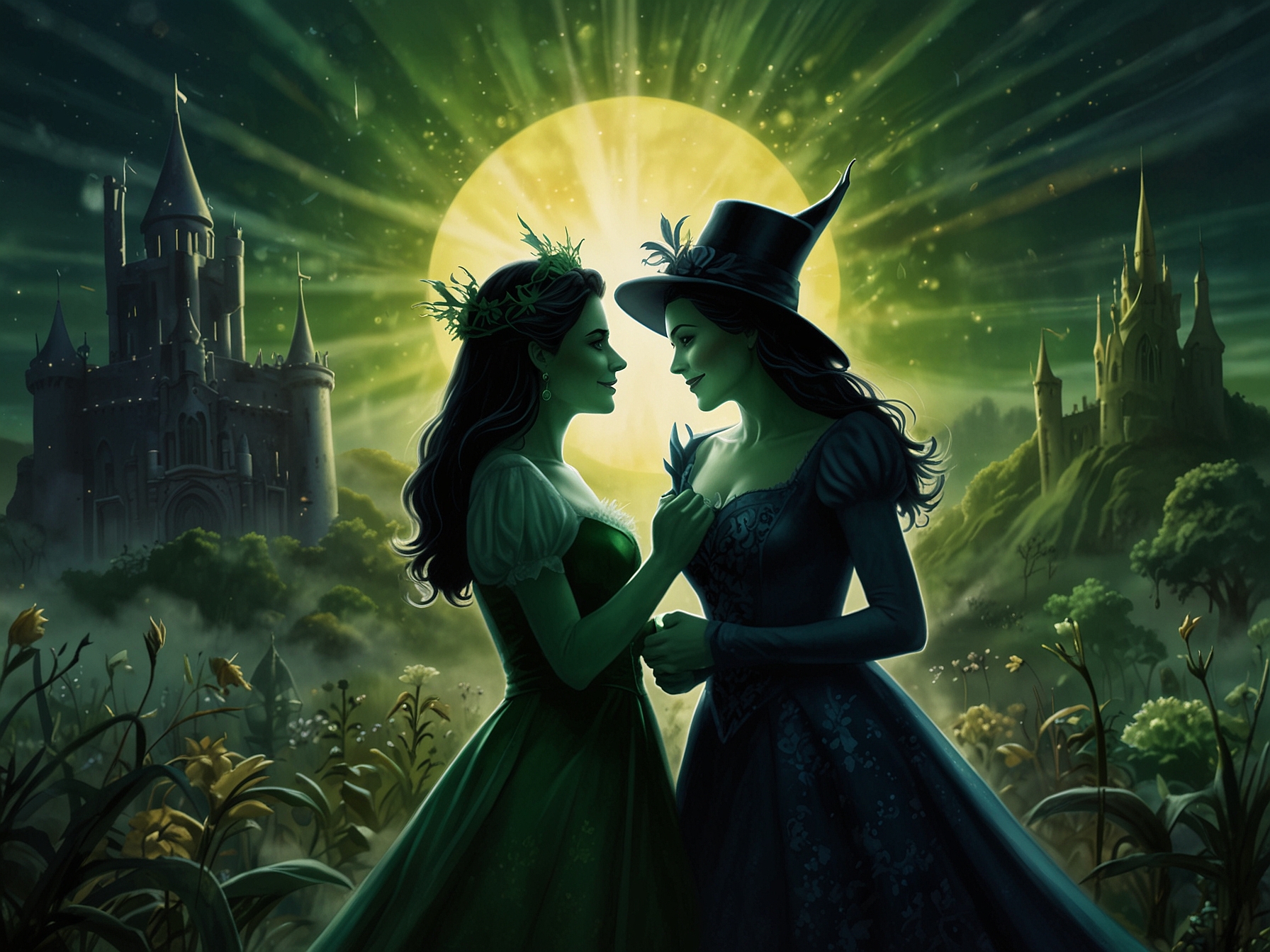 A promotional poster for 'Wicked,' featuring iconic elements from the story, such as the Emerald City and flying monkeys, symbolizing the magical world of Oz.