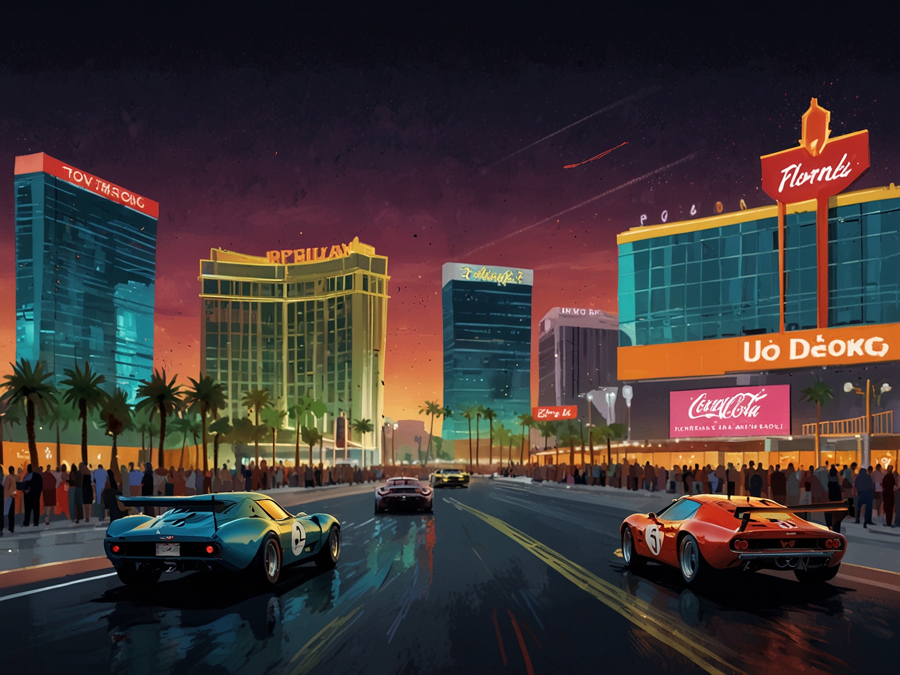A vibrant Las Vegas backdrop showcasing the excitement of the Formula 1 weekend, featuring flashy cars and celebrities mingling, setting the stage for the meeting between Stefi Roitman and Franco Colapinto.