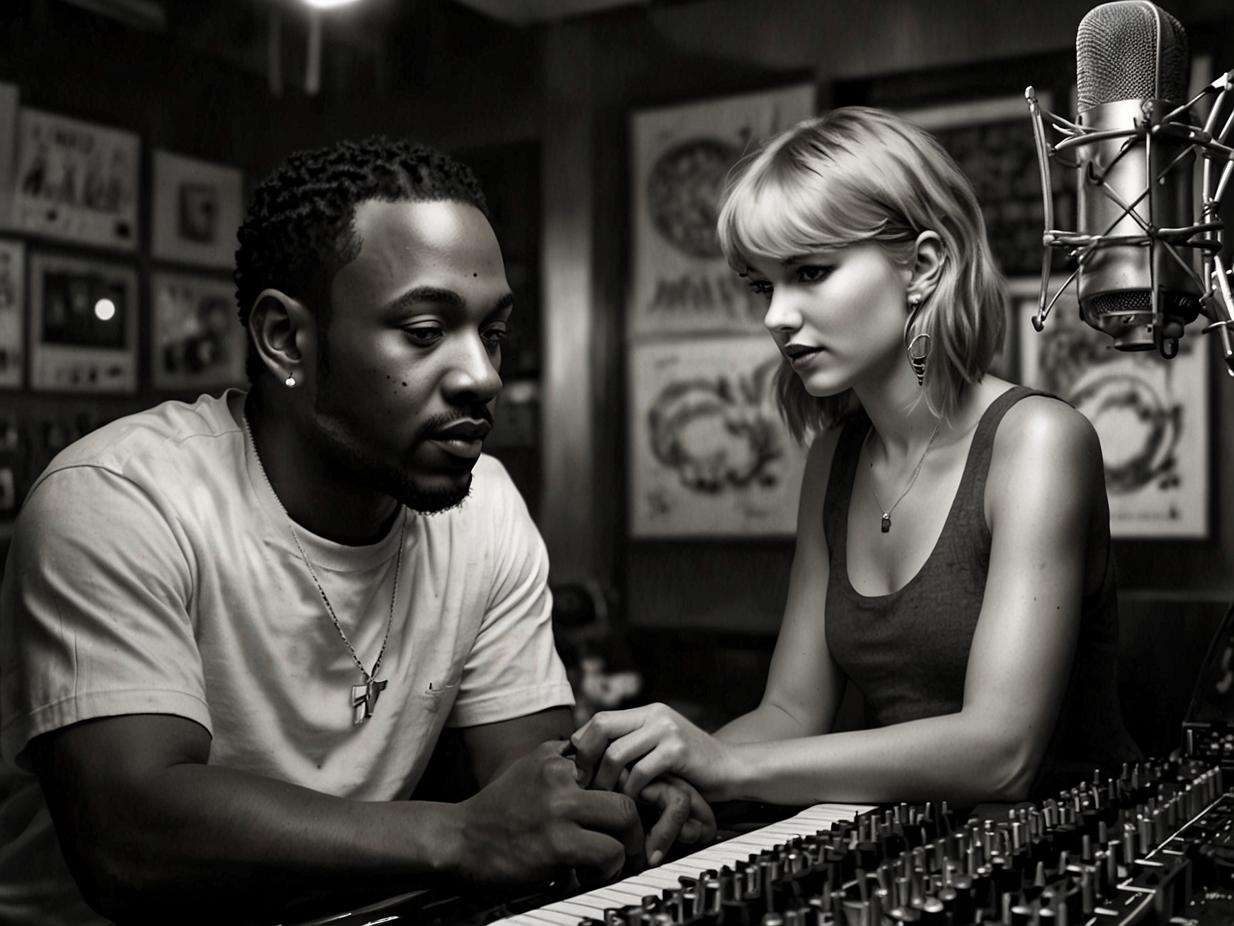 An artistic depiction of Kendrick Lamar and Taylor Swift in a recording studio, surrounded by musical notes and equipment, symbolizing their rumored collaboration that never materialized.