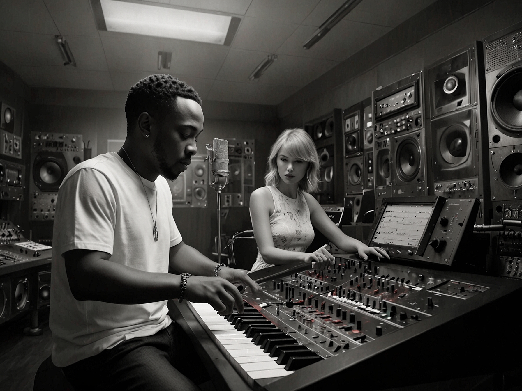 A split image featuring Taylor Swift on one side, reflecting her admiration for Lamar, and Kendrick Lamar on the other, hinting at the ongoing speculation about their future collaboration.
