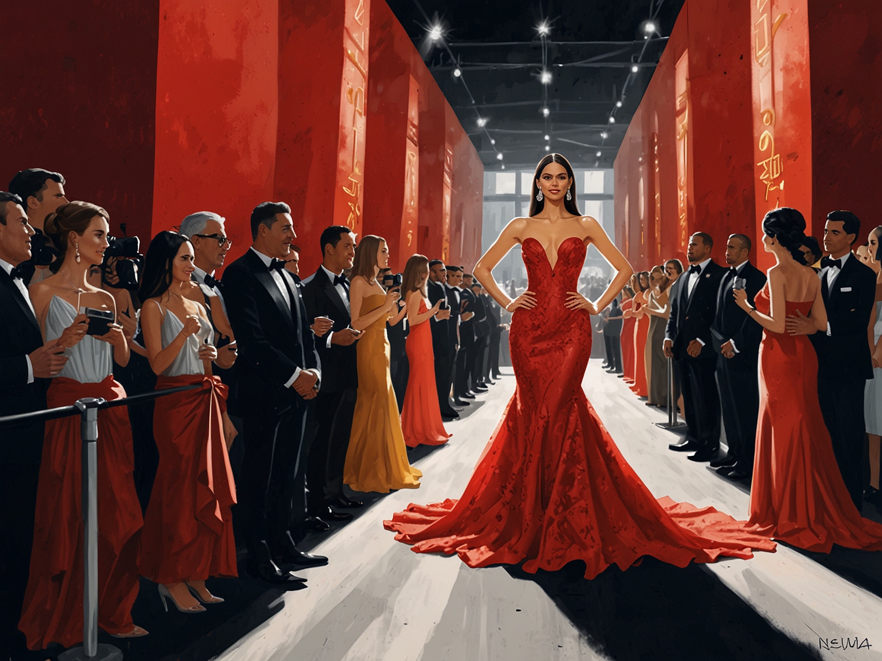 Karla Constant gracefully walking the red carpet in her stunning red gown, exuding confidence and elegance, surrounded by flashing cameras at the Martín Fierro Latino 2024.
