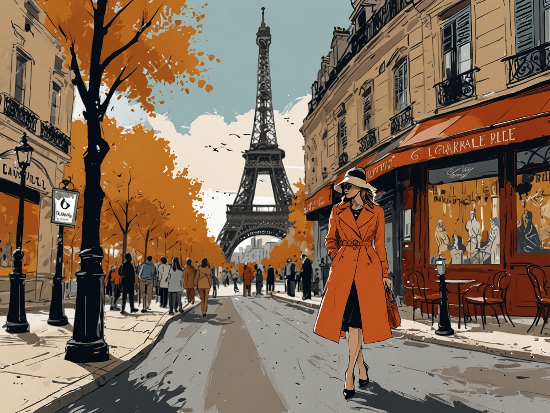 A vibrant scene of Emily walking through the charming streets of Paris, with a stylish outfit showcasing the show's fashion essence, and the Eiffel Tower in the background.
