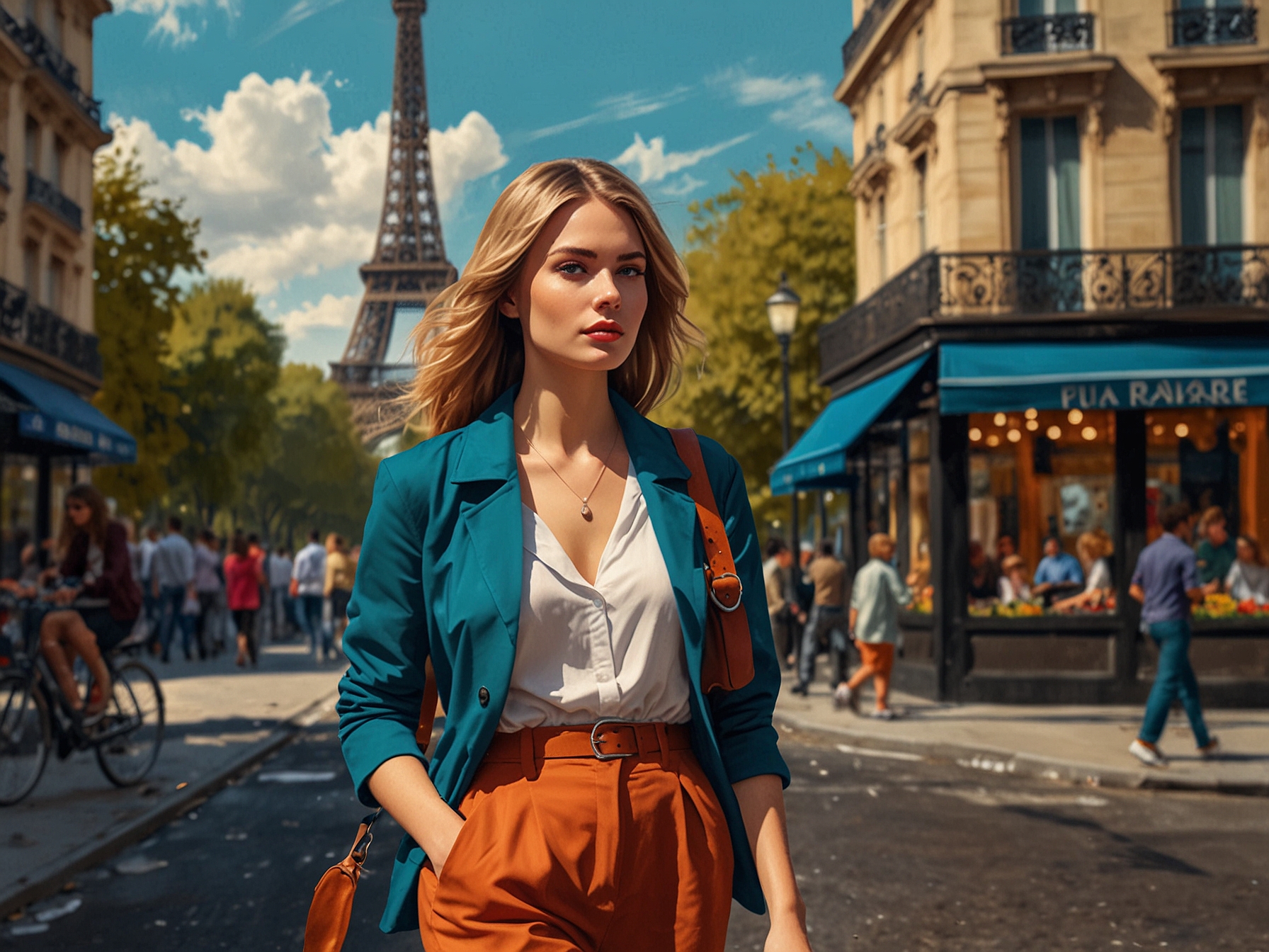A juxtaposition of Paris and Rome landmarks, illustrating Emily's inner conflict while exploring two romantic worlds, with a sunset casting a warm glow on the scenery.