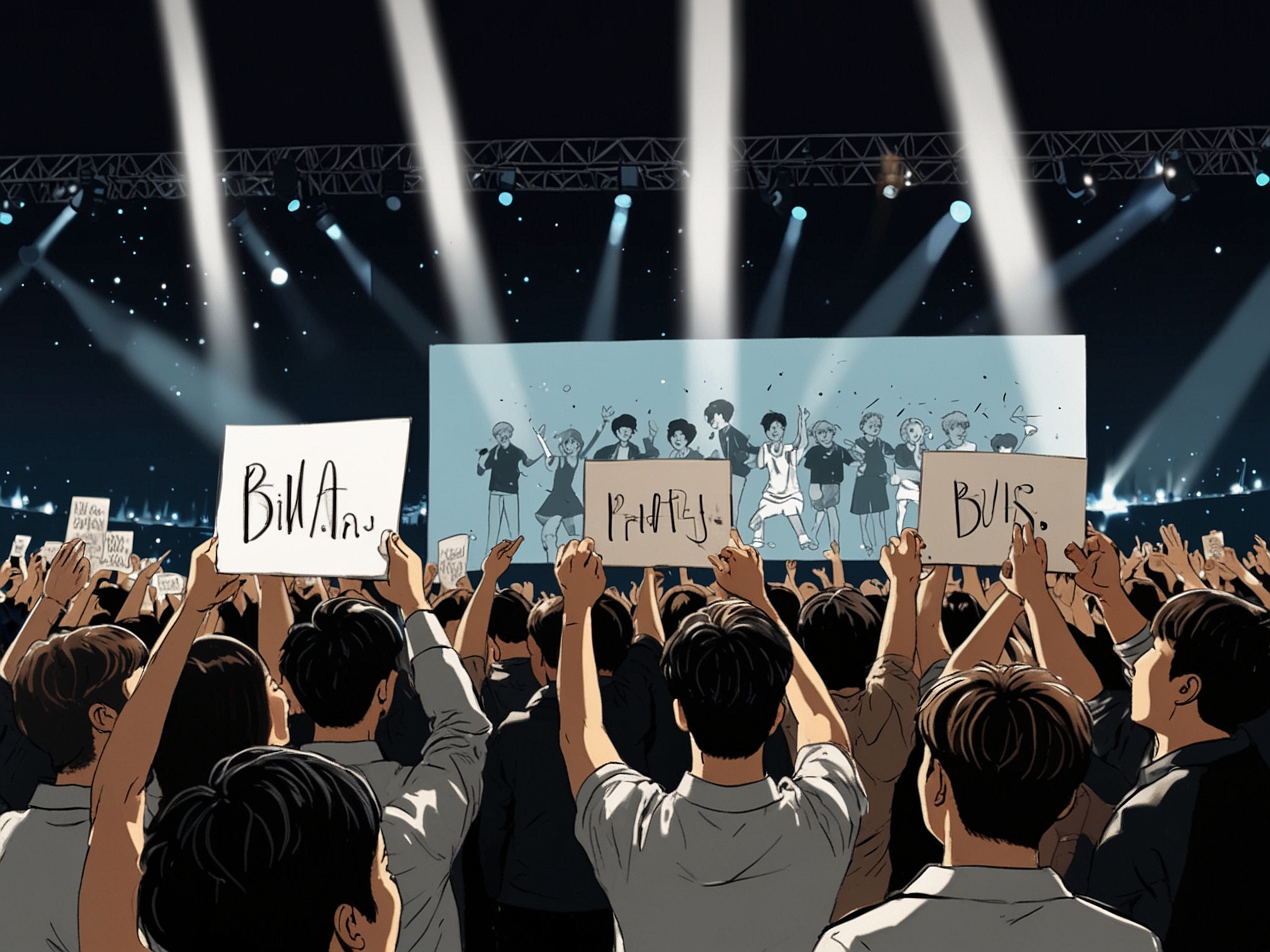 A captivating moment from the 2024 MAMA Awards, showcasing Jimin's acceptance video for the Fans' Choice Award, with cheering fans holding banners in support of BTS. The atmosphere radiates excitement and dedication.