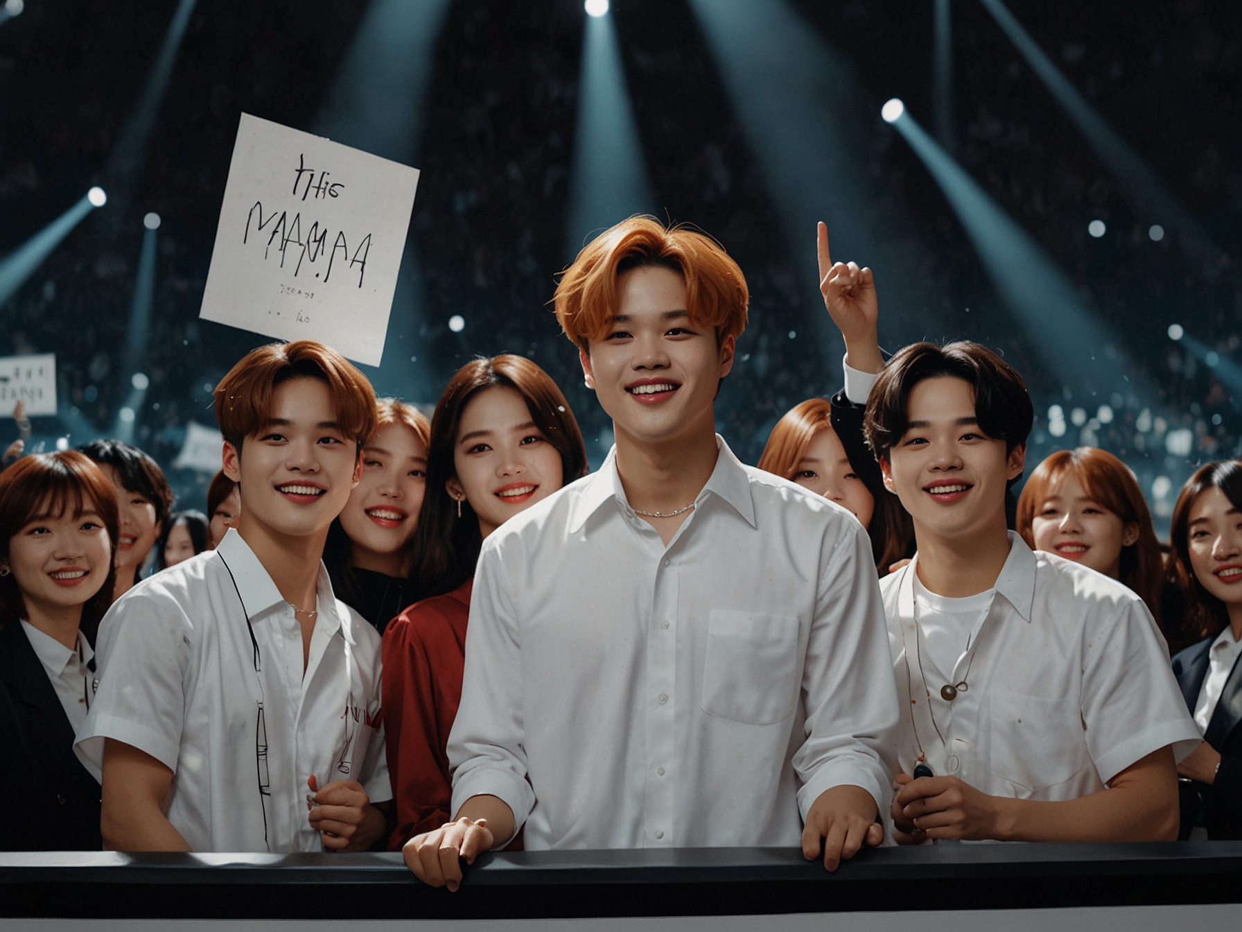 BLACKPINK's Rose and Bruno Mars performing live on stage at the 2024 MAMA Awards, dressed in synchronized black suits, surrounded by an energetic crowd that immerses in the vibrant performance.
