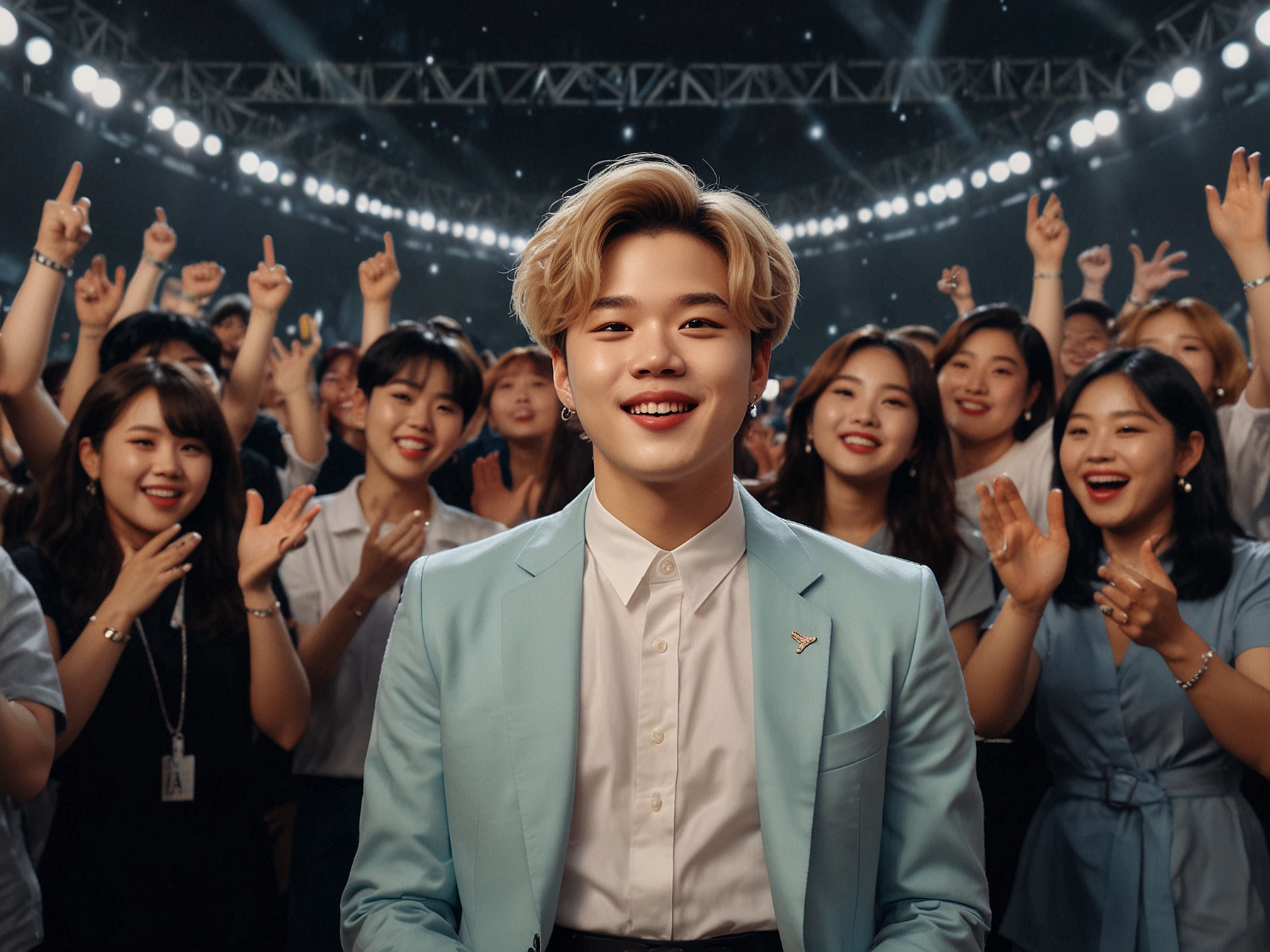 A vivid scene of the 2024 MAMA Awards stage illuminated with colorful lights, displaying various K-pop groups celebrating their achievements together, portraying unity and diversity in the music industry.