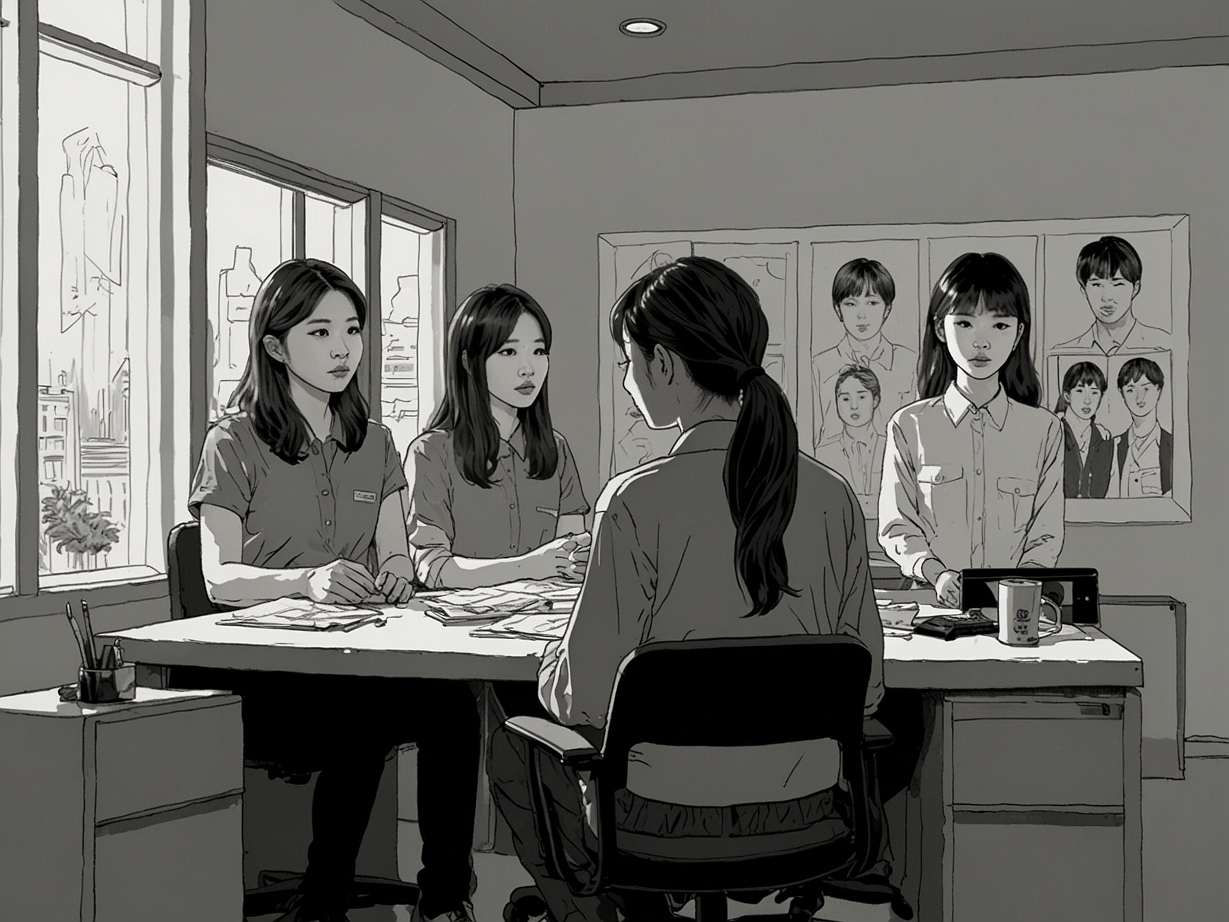 An image depicting a somber and reflective atmosphere in a South Korean entertainment office, with a girl group poster in the background symbolizing the idol culture under scrutiny.