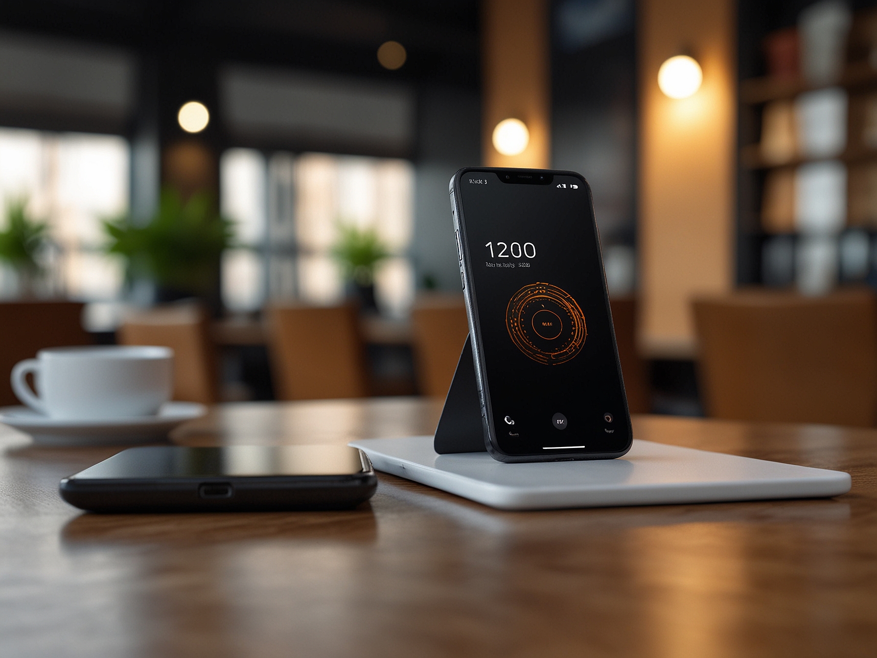 A sleek iQOO Z9x 5G smartphone resting on a table at a café, showcasing its vibrant 6.72-inch display while charging with a fast charger. The background features a blurred coffee cup, emphasizing the phone's usage in daily life.