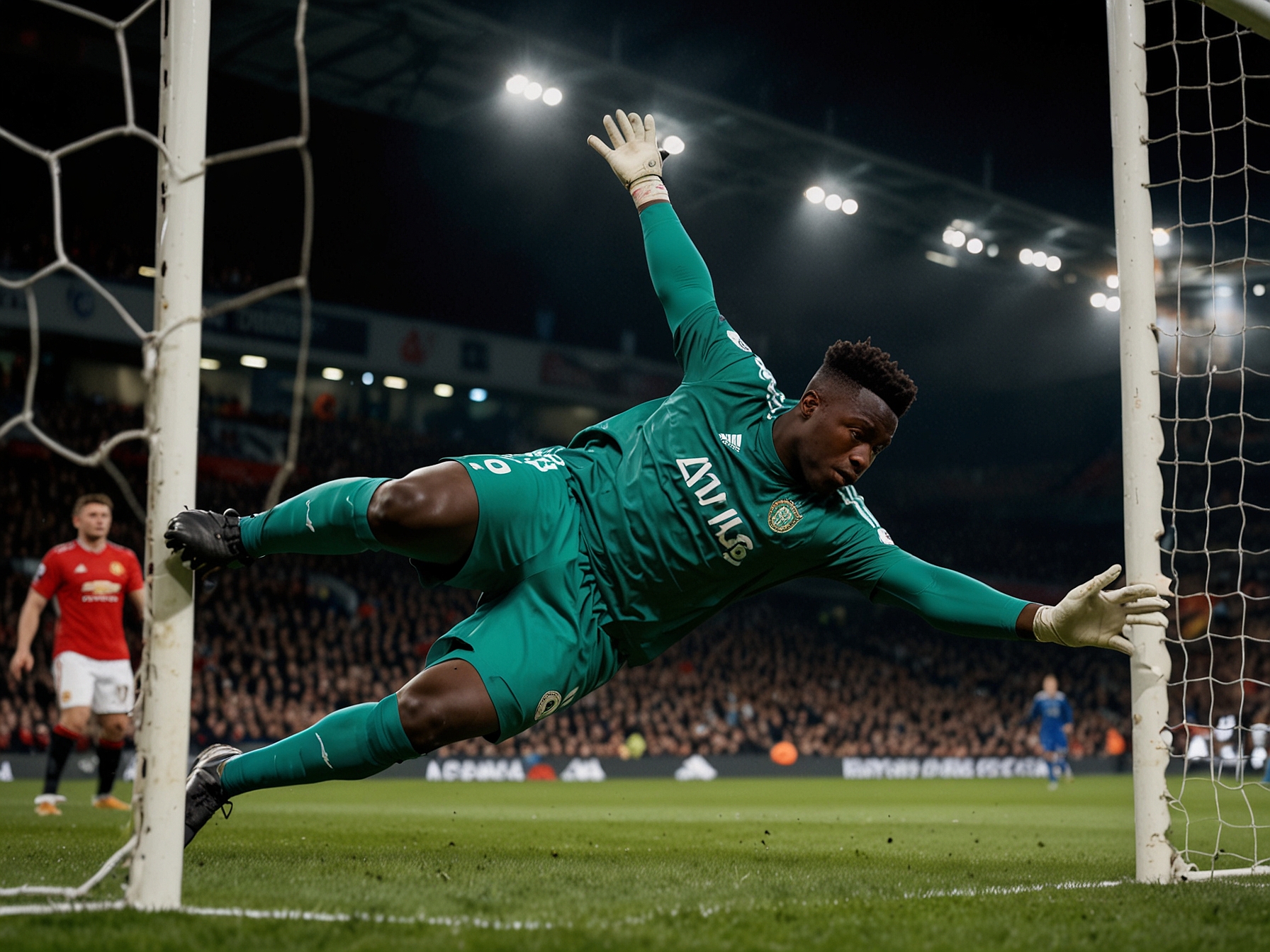 A dynamic image of Andre Onana diving to make a crucial save during the Manchester United vs Ipswich Town match, showcasing his agility and determination.