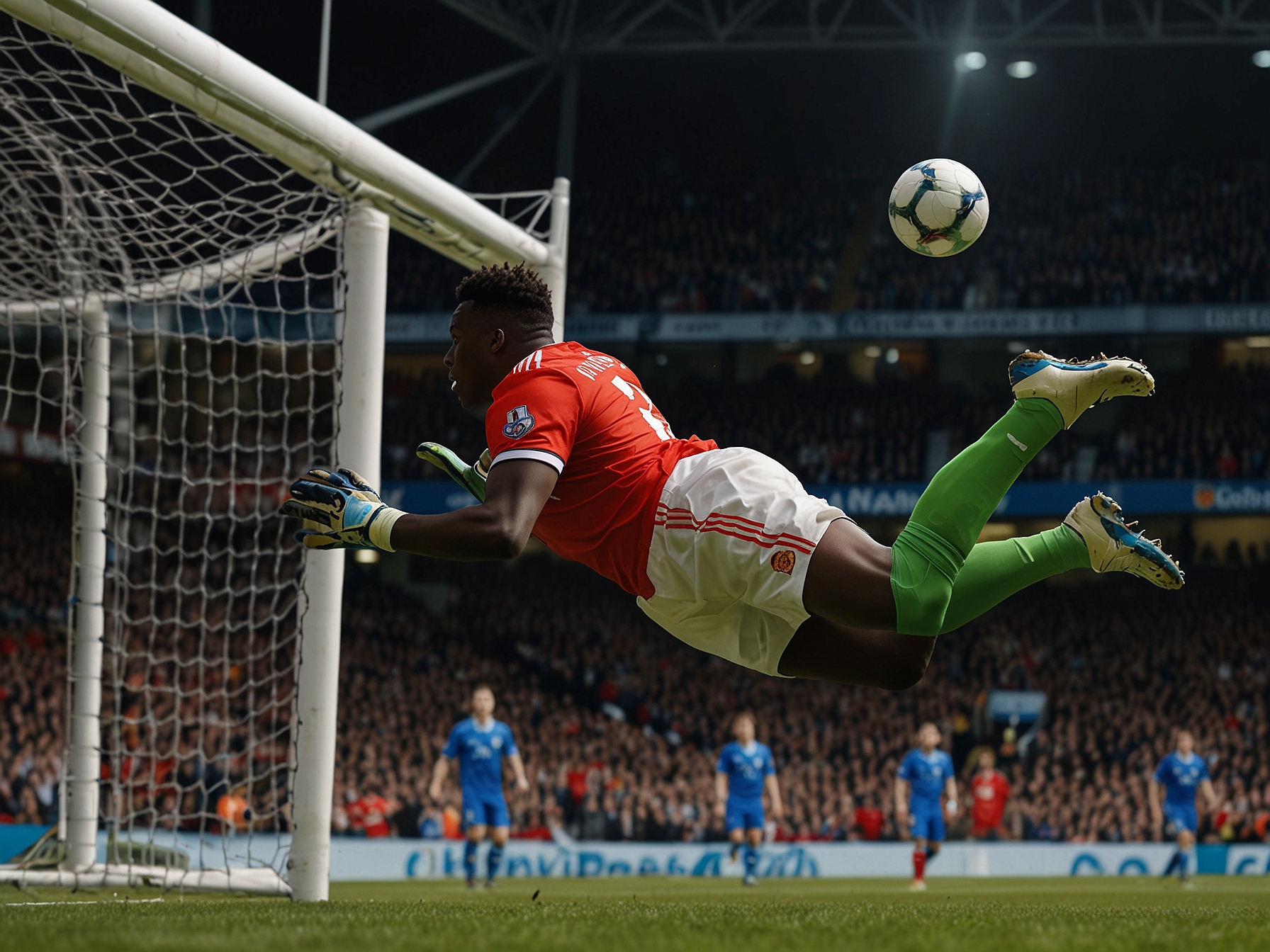 A split moment capturing Marcus Rashford celebrating his opening goal against Ipswich Town, with fans in the background erupting in cheers and excitement.