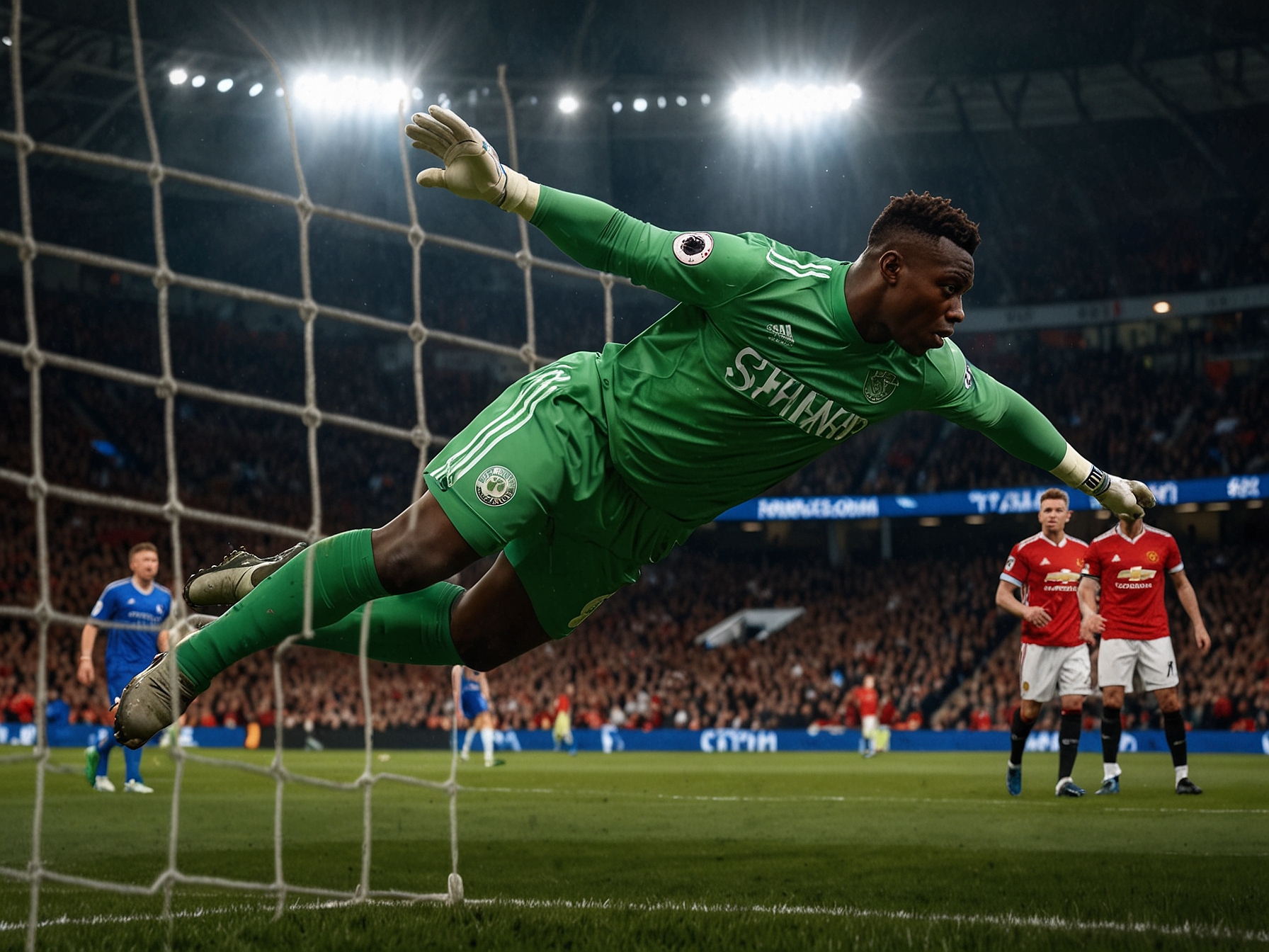 A tense moment in the game, depicting Omari Hutchinson of Ipswich Town striking the ball for his equalizer, with Manchester United players reacting in surprise.