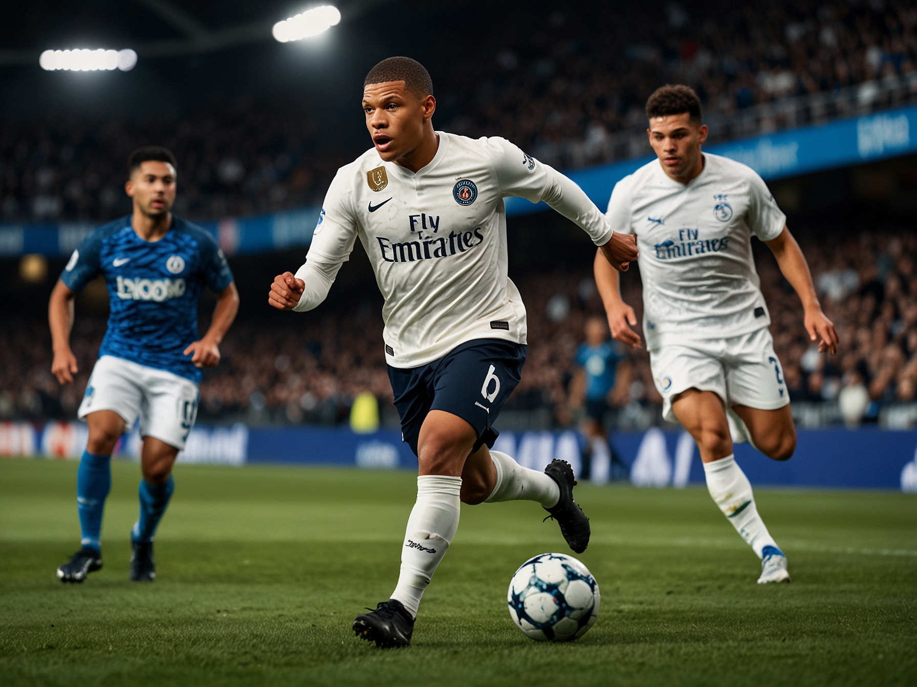 An action-packed scene of Kylian Mbappé dribbling past Leganés defenders, showcasing his speed and skill in a high-stakes La Liga match.