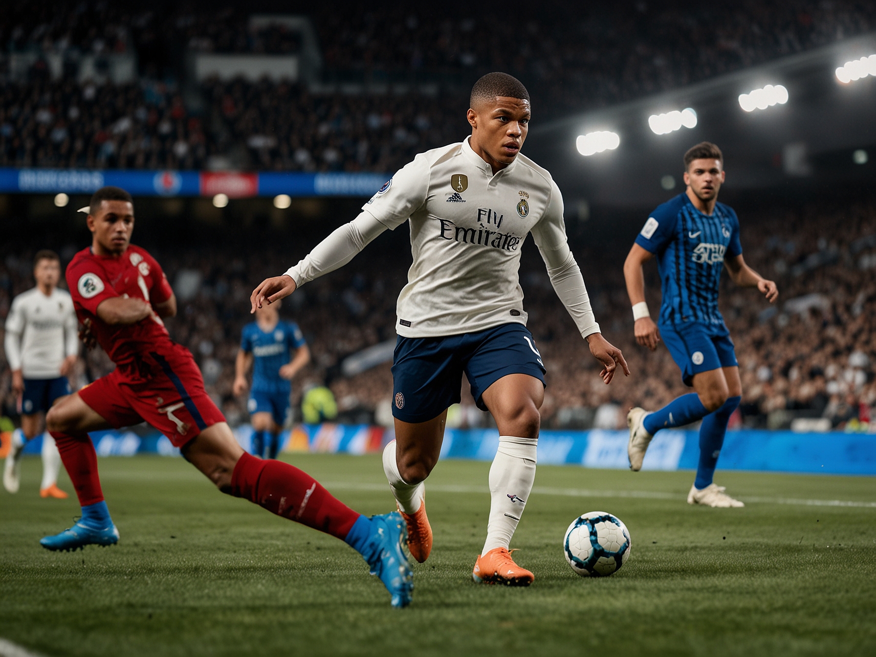 Fede Valverde, playing at right-back, displays his versatility with a dynamic tackle against an opposing player, illustrating Madrid's tactical flexibility.
