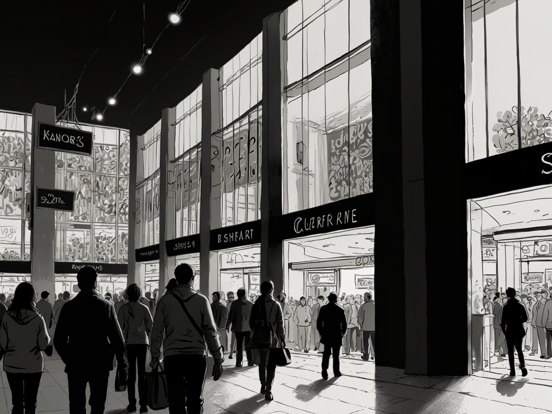 An illustration depicting a bustling department store during Black Friday, with shoppers eagerly searching for deals, long lines outside, and signs advertising massive discounts, evoking a sense of community and excitement.