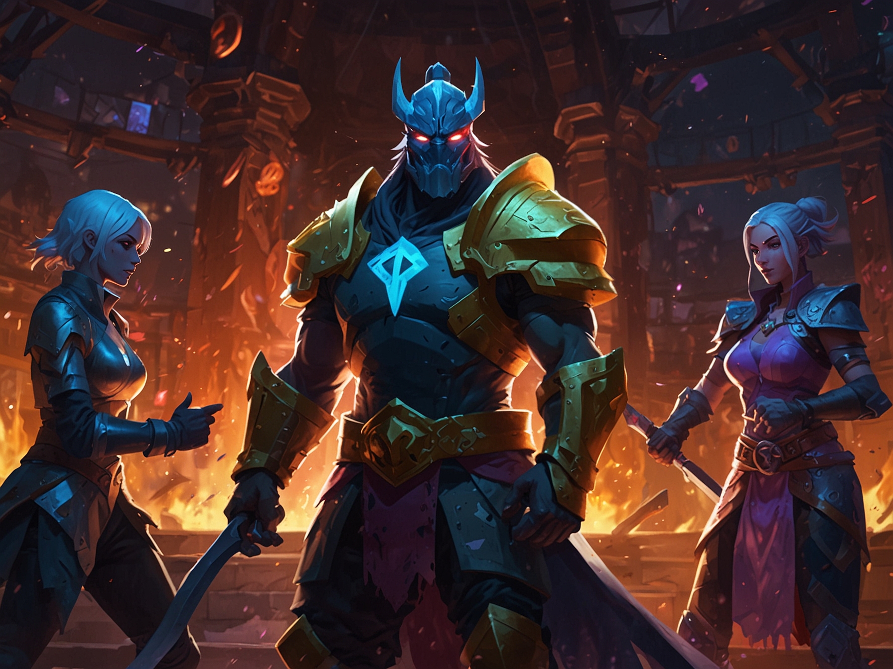 An engaging scene from Teamfight Tactics showcasing various champions battling on an interactive arena. The vibrant colors of the Reckoning set highlight the dynamic action and strategic depth of the game.