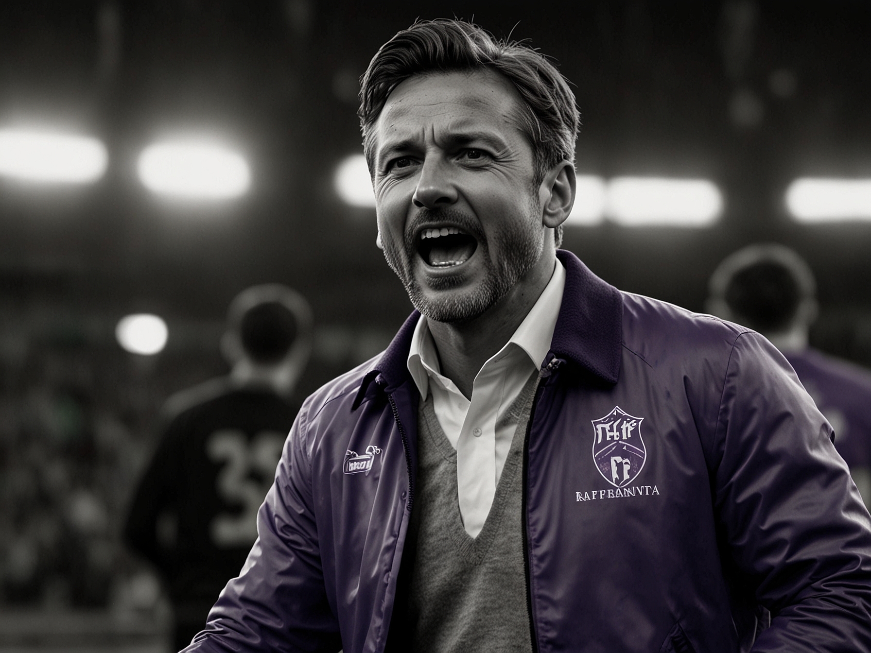 A dynamic shot of Raffaele Palladino on the sidelines, passionately coaching the Fiorentina team as they celebrate a goal, highlighting their newfound confidence and camaraderie.