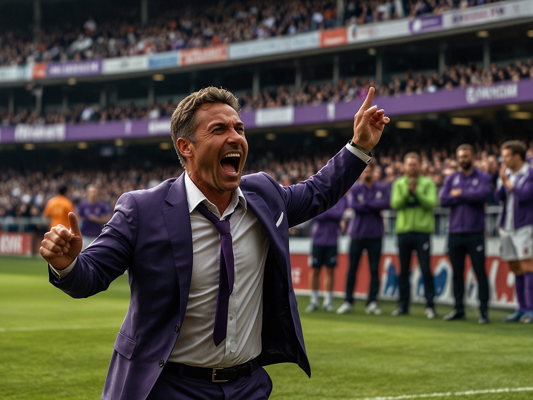 Moise Kean celebrating his goal with teammates after an intense match, showcasing the bond and collective spirit of the Fiorentina squad as they pursue Serie A glory.