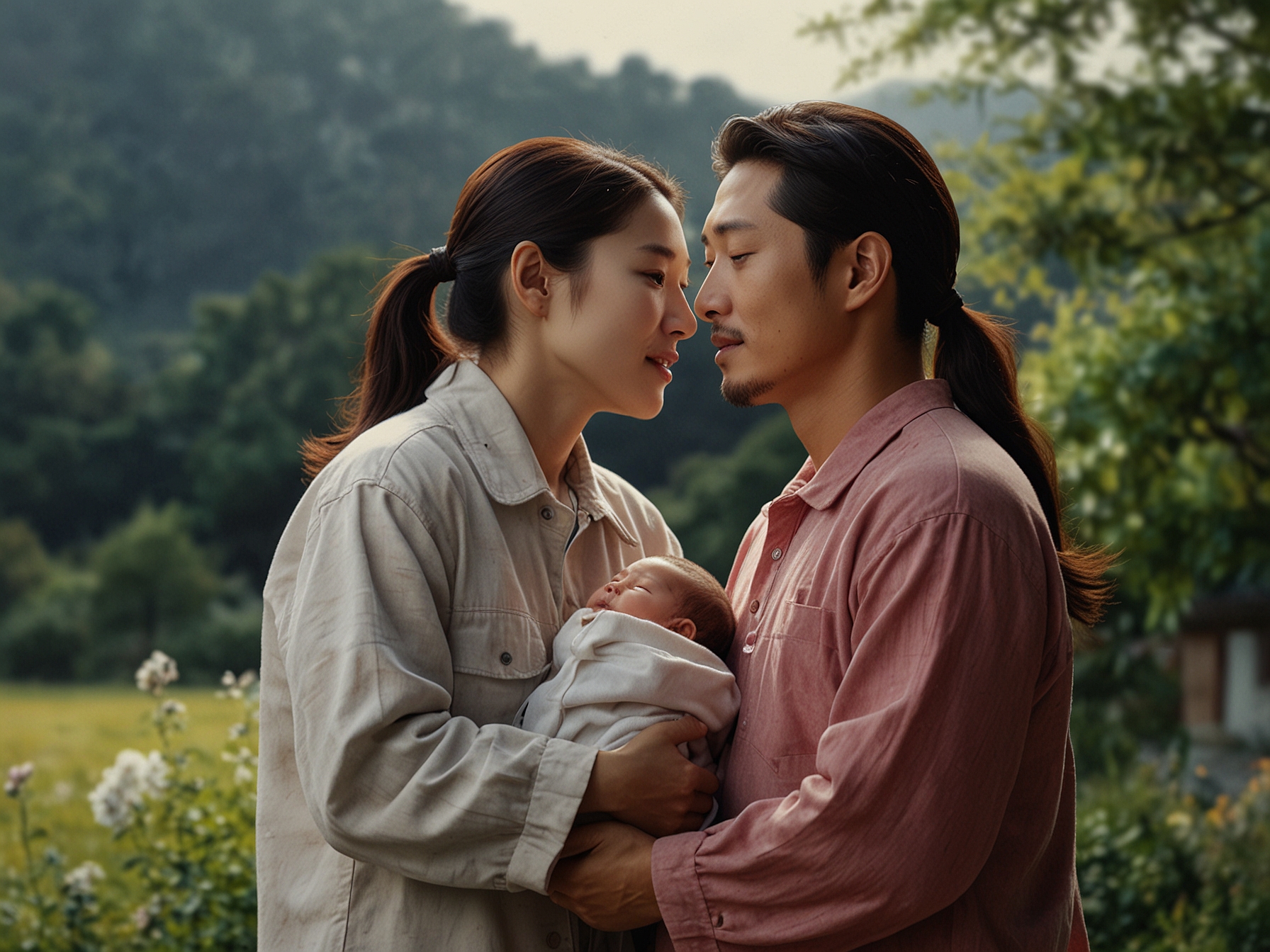 A candid shot of Moon Ga-bi sharing a heartfelt moment with her baby, emphasizing the joy and challenges of unexpected parenthood.